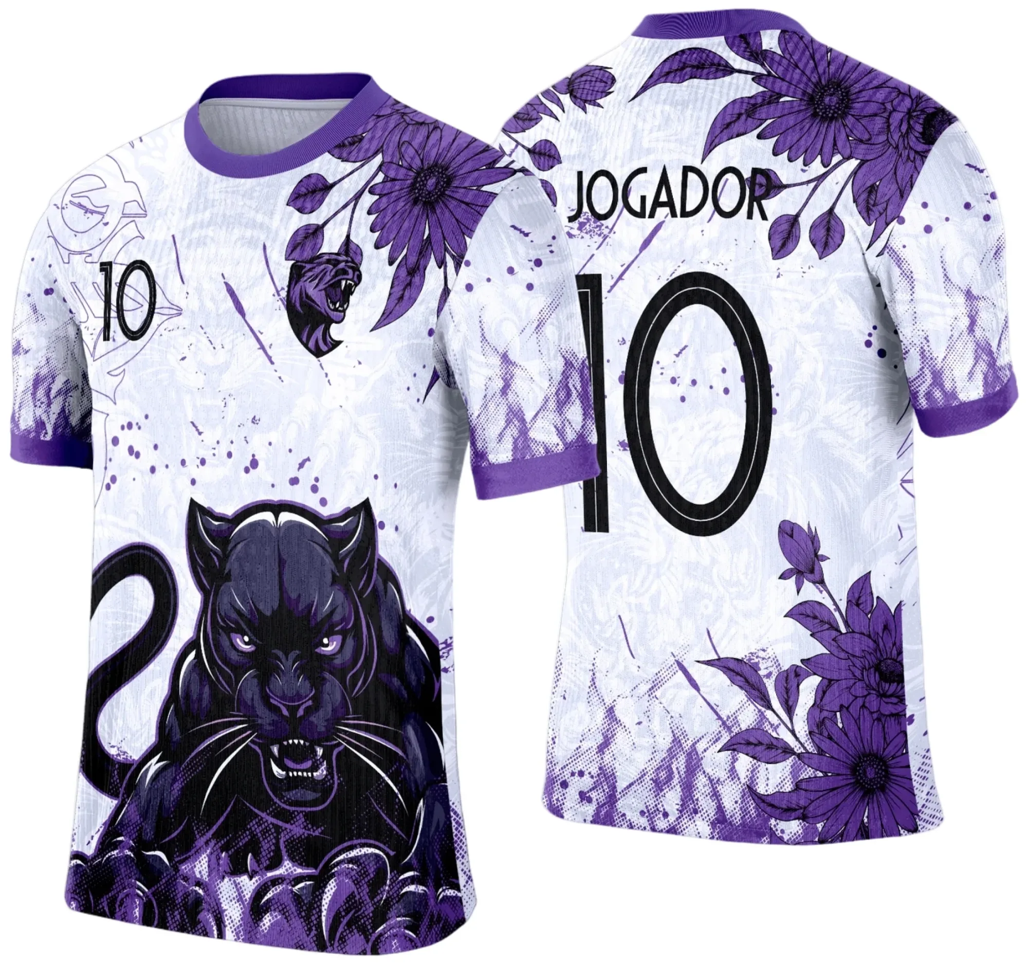 Camiseta unissex branca com logo no peito e estampa grande nas costas inspirada no tema Pantera Negra e Interclasse 2025, ideal para eventos escolares e confraternizações.