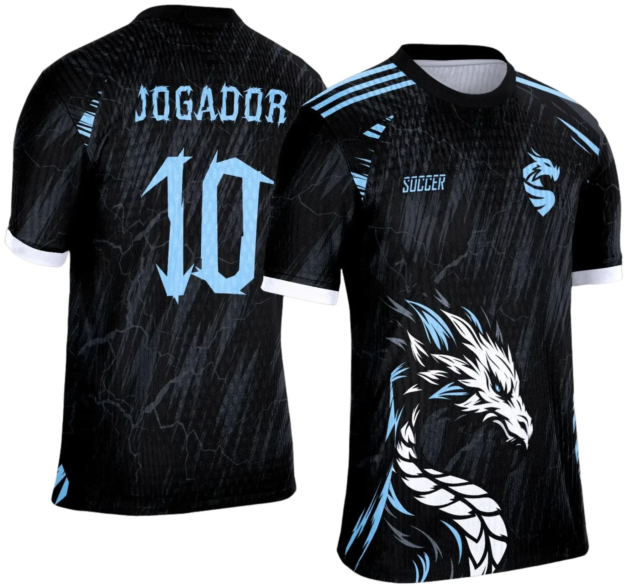 Camiseta unissex preta com logo no peito e estampa grande nas costas apresentando dragão branco, tema Interclasse 2025, design moderno e impactante, perfeita para eventos e turmas.