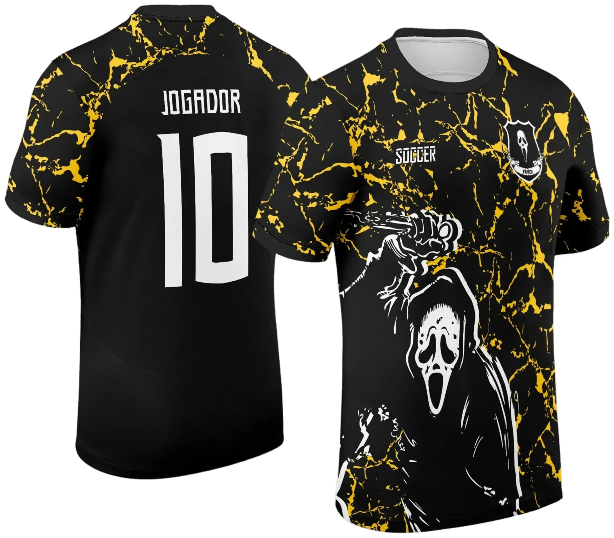 Camiseta preta unissex com logo no peito e estampa grande nas costas mostrando o tema Pânico para Interclasse 2025, criando visual moderno e marcante.