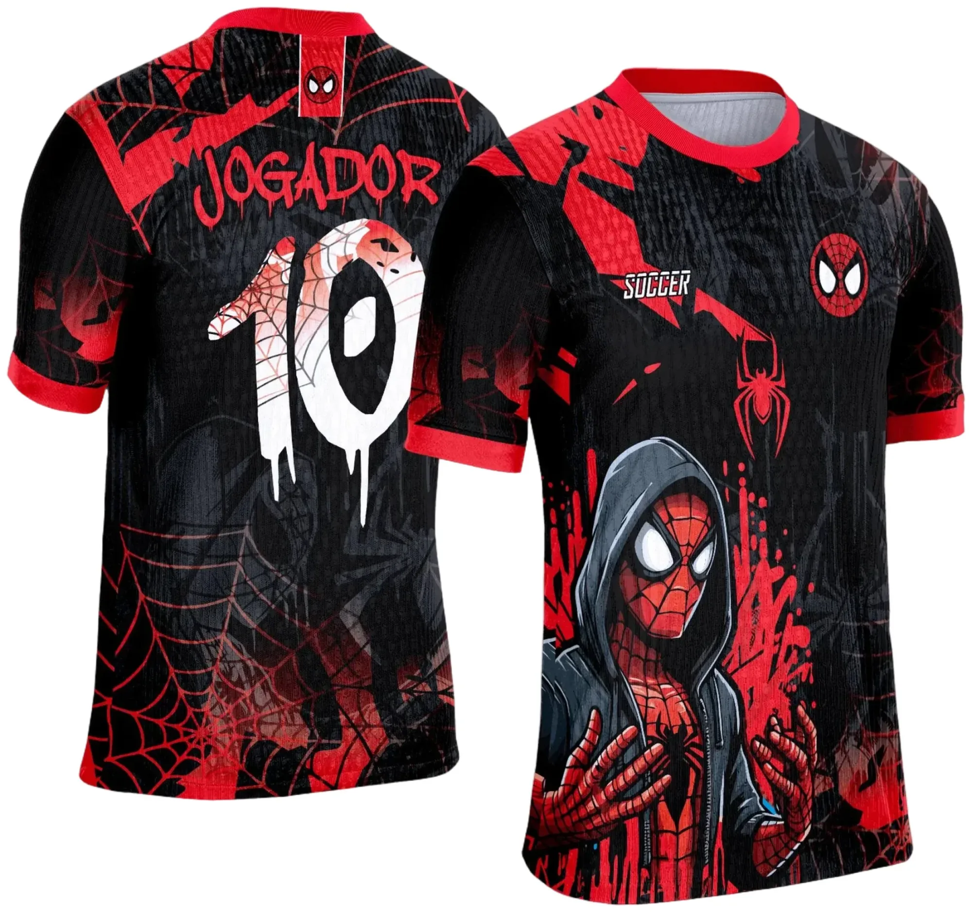 Camiseta unissex preta com logo no peito e estampa grande nas costas do Homem Aranha, modelo perfeito para fãs que buscam estilo autêntico e moderno.