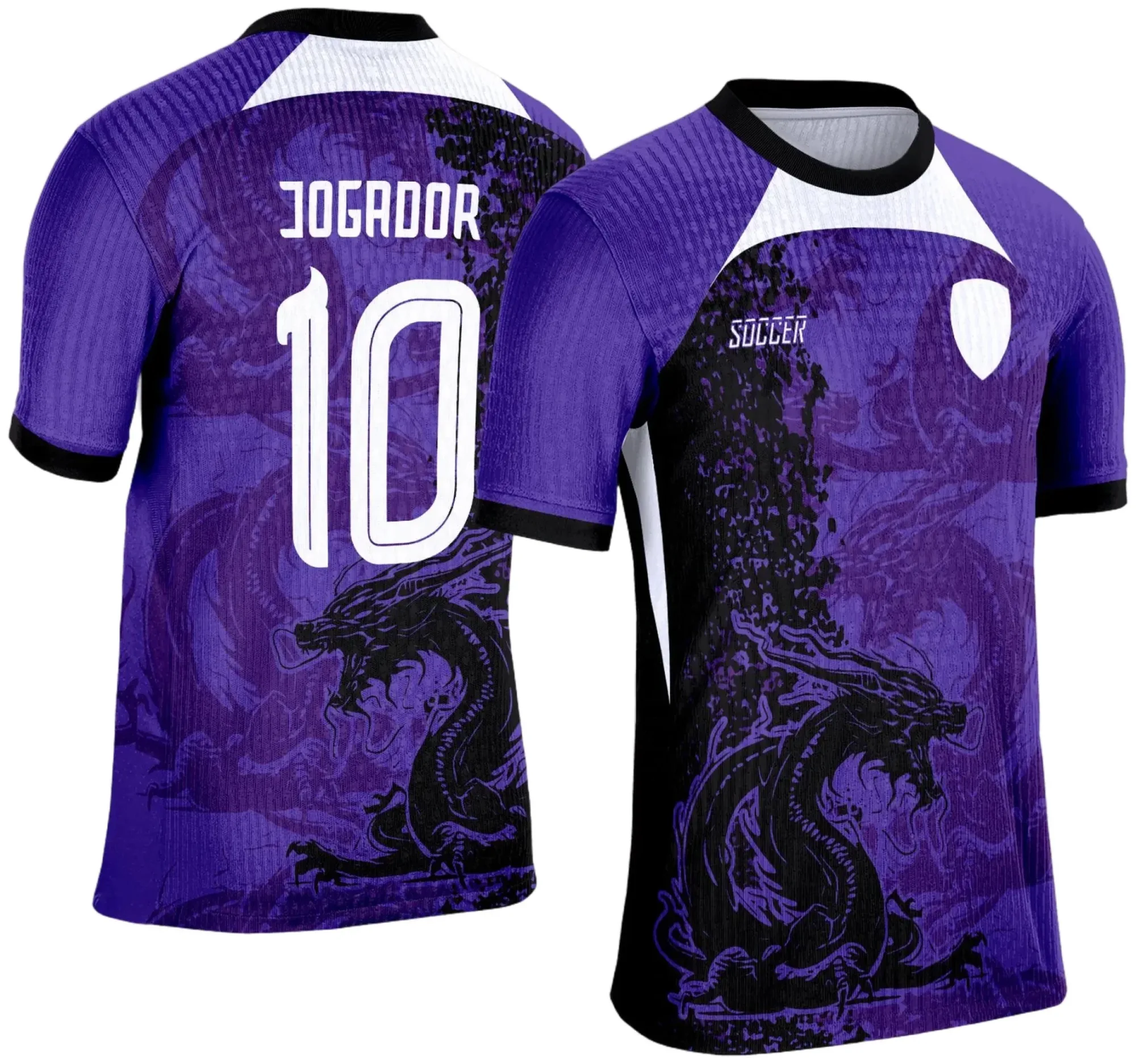 Camiseta unissex preta com logo no peito e estampa grande nas costas de dragão no tema Interclasse 2025, destaque para o design roxo vibrante e visual moderno.
