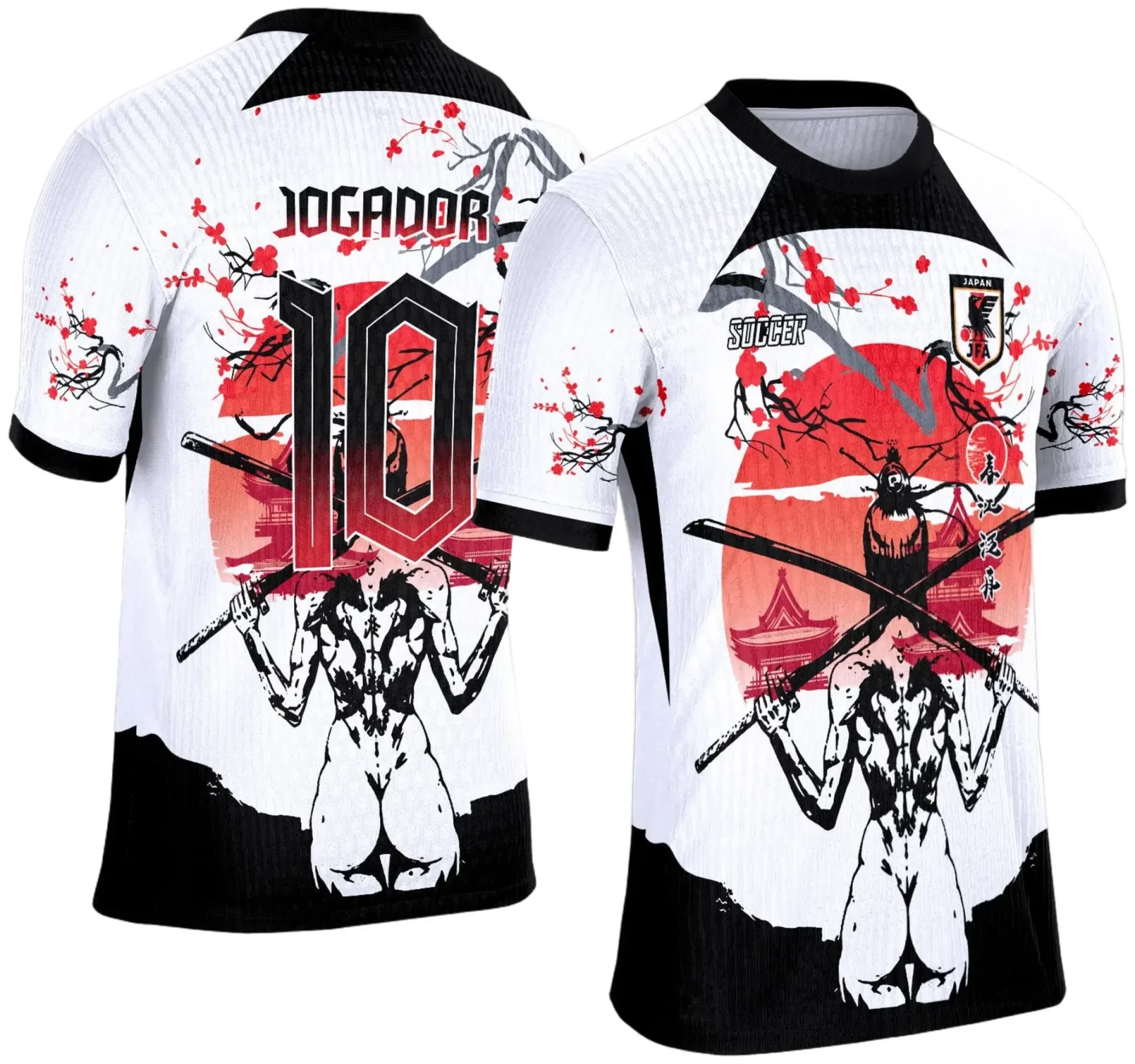 Camiseta unissex preta com logo no peito e estampa grande nas costas com tema Japão Espadas, ideal para eventos interclasse, design moderno e atraente.