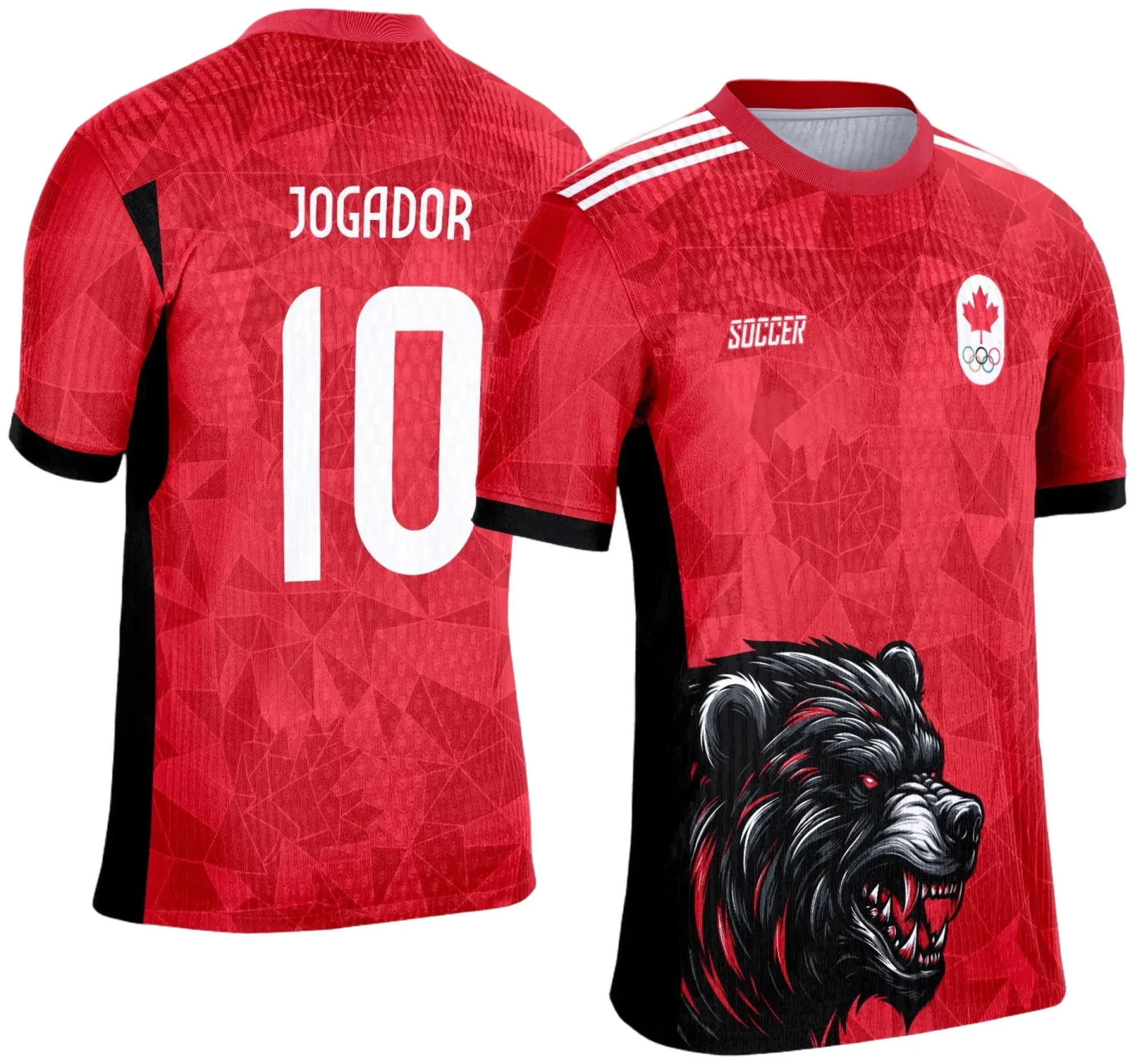 Camiseta unissex preta com logo no peito e estampa grande nas costas de urso vermelho e preto, ideal para eventos interclasse com destaque e personalidade.