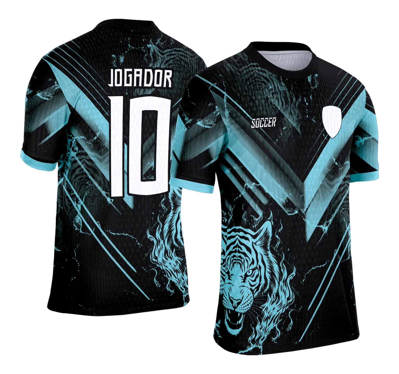 Camiseta unissex preta com logo no peito e estampa grande nas costas, representando Tigre Azul do Interclasse 2025, ideal para torcedores e participantes.