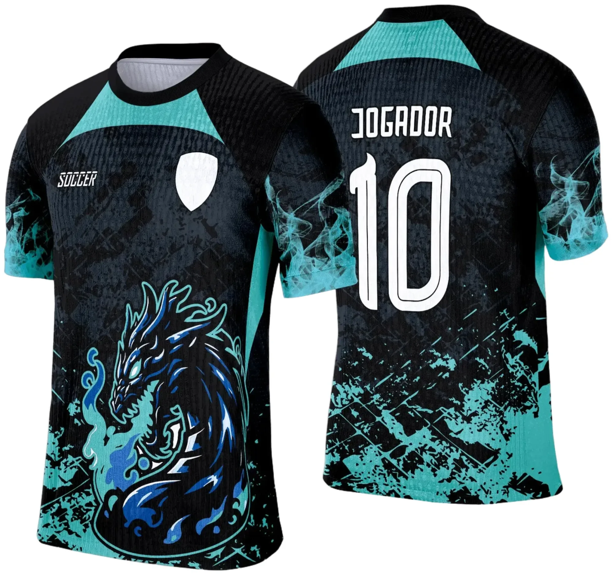 Camiseta unissex preta com logo no peito e estampa grande nas costas, tema Dragão Verde personalizada para Interclasse 2025, design moderno e vibrante para eventos escolares.