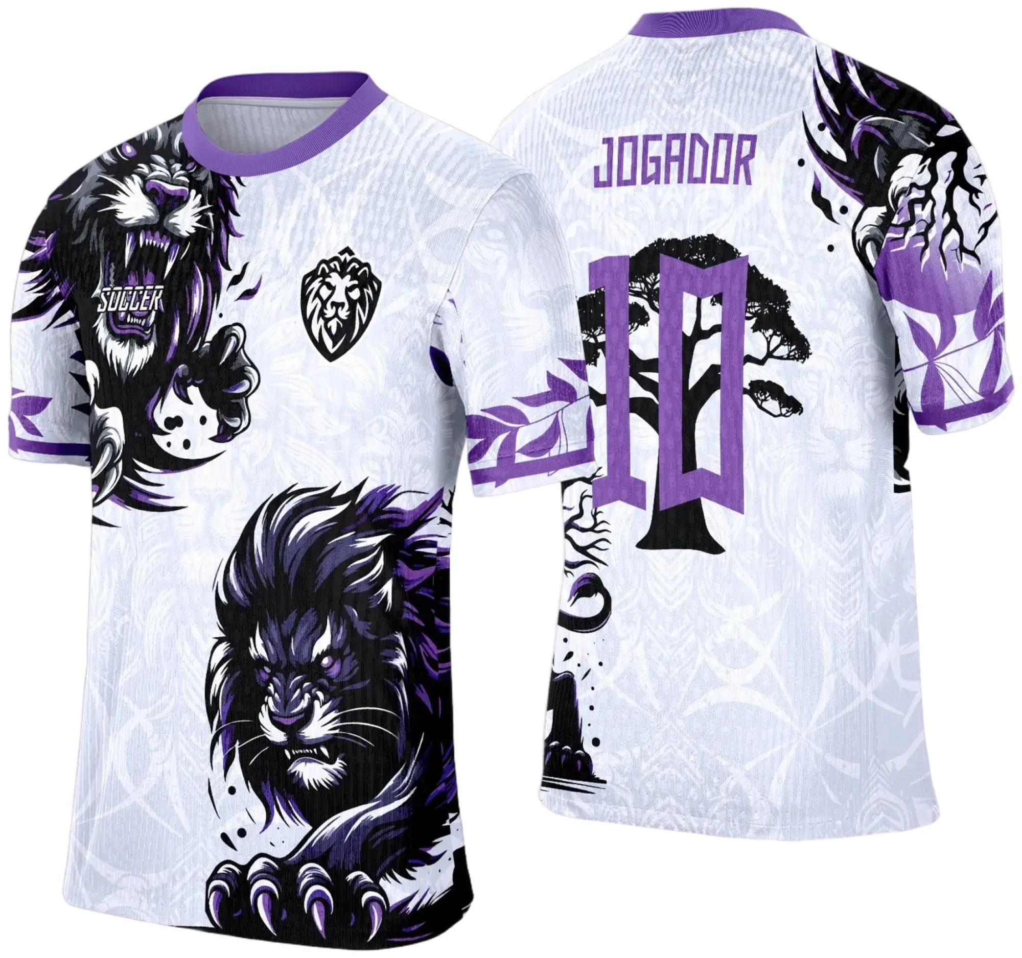 Foto de camiseta unissex branca com logo no peito e estampa grande nas costas mostrando Leão Floral, design vibrante para camisa de interclasse 2025.