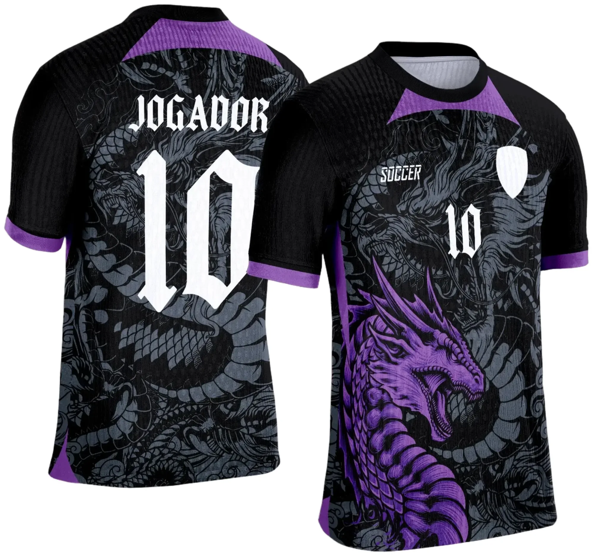 Camiseta unissex preta com logo no peito e estampa grande nas costas inspirada no tema Interclasse 2025 Dragão Roxo, ideal para eventos escolares e grupos.