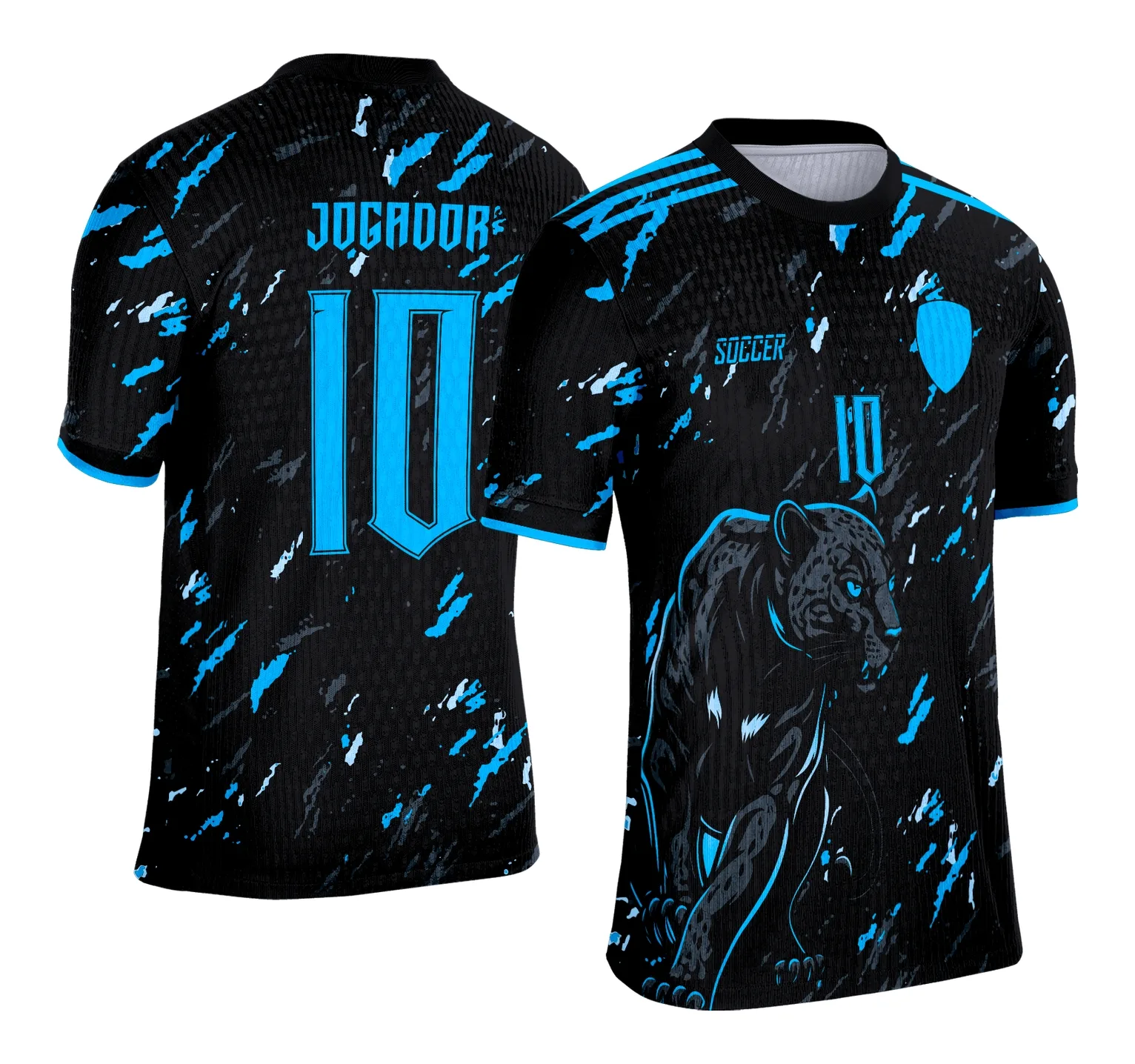 Camiseta unissex preta com logo no peito e estampa grande nas costas inspirada em Pantera Negra Azul para o Interclasse 2025, estilo moderno e vibrante.