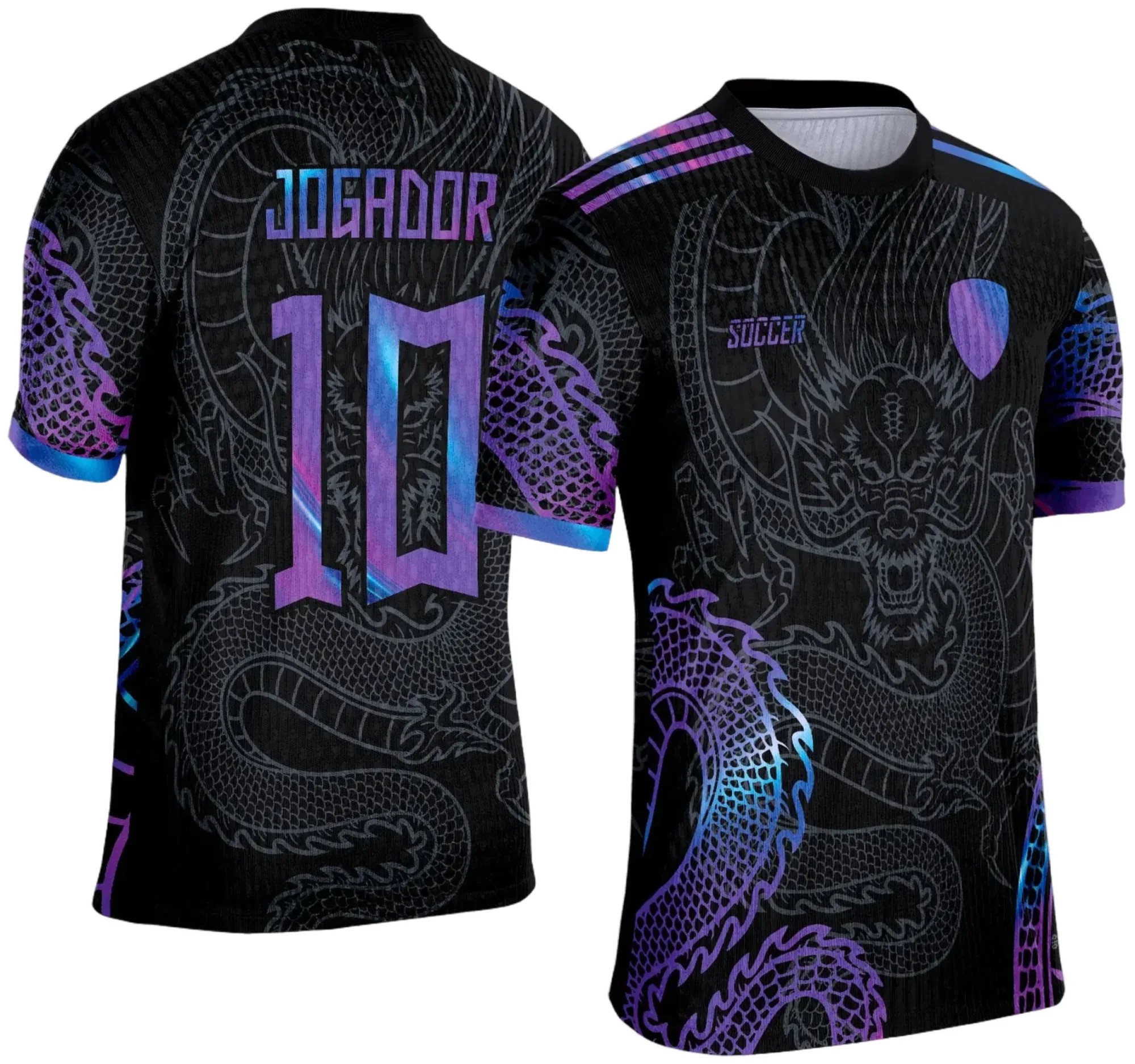 Camiseta unissex preta com logo no peito e estampa grande nas costas mostrando dragão holográfico vibrante, perfeita para o Interclasse 2025.