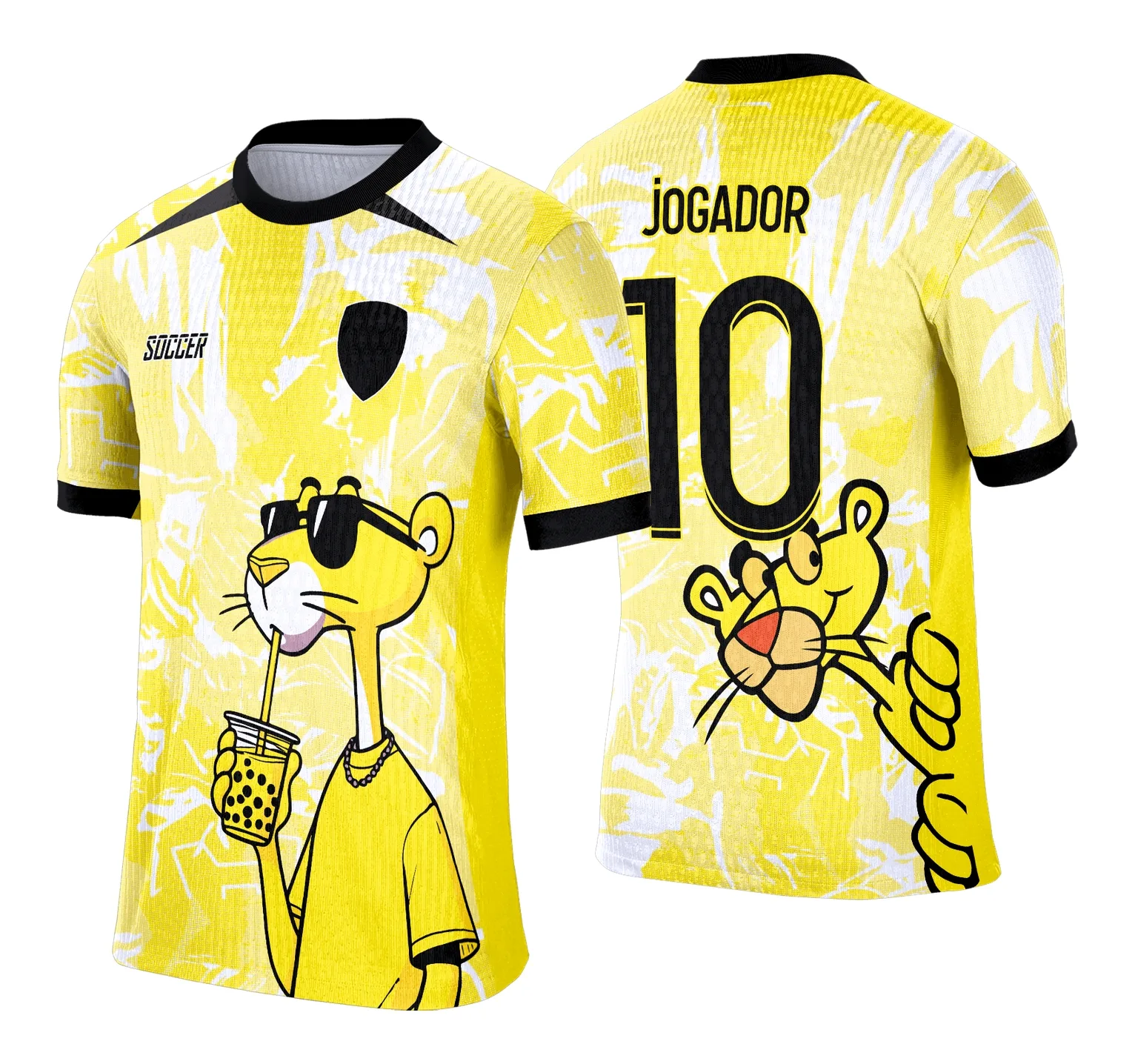 Camiseta unissex preta com logo no peito e estampa grande nas costas, inspirada na Pantera Cor de Rosa e evento Interclasse 2025, ideal para uso casual e eventos escolares.