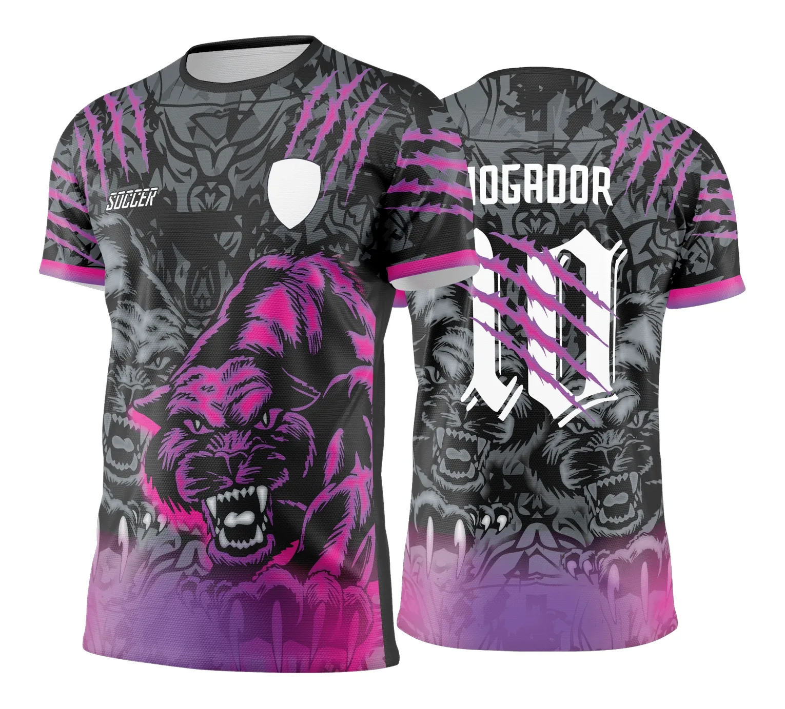 Camiseta unissex preta com logo no peito e estampa grande nas costas do tema Interclasse Pantera Negra e Roxa 2025, estilo moderno e marcante