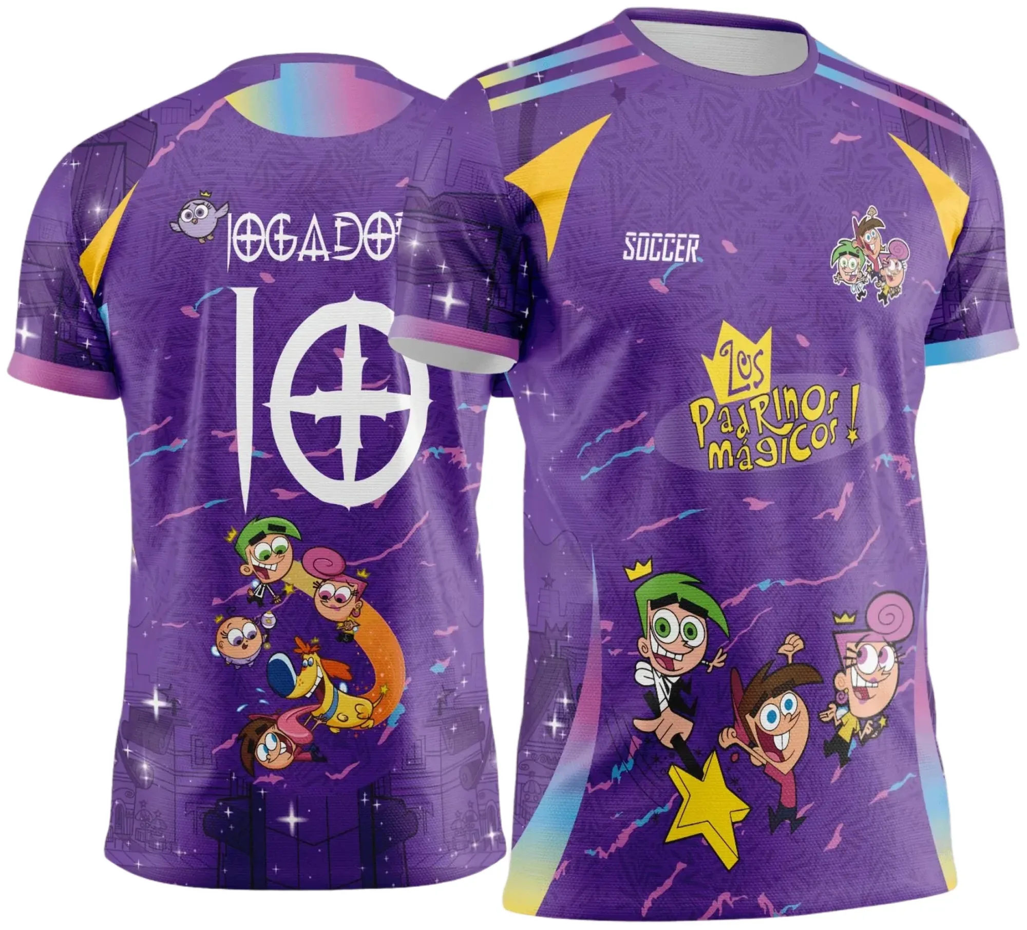 Camiseta unissex preta com logo no peito e estampa grande nas costas mostrando o tema Interclasse Padrinhos Mágicos 2025, ideal para eventos escolares e fãs da turma mágica.