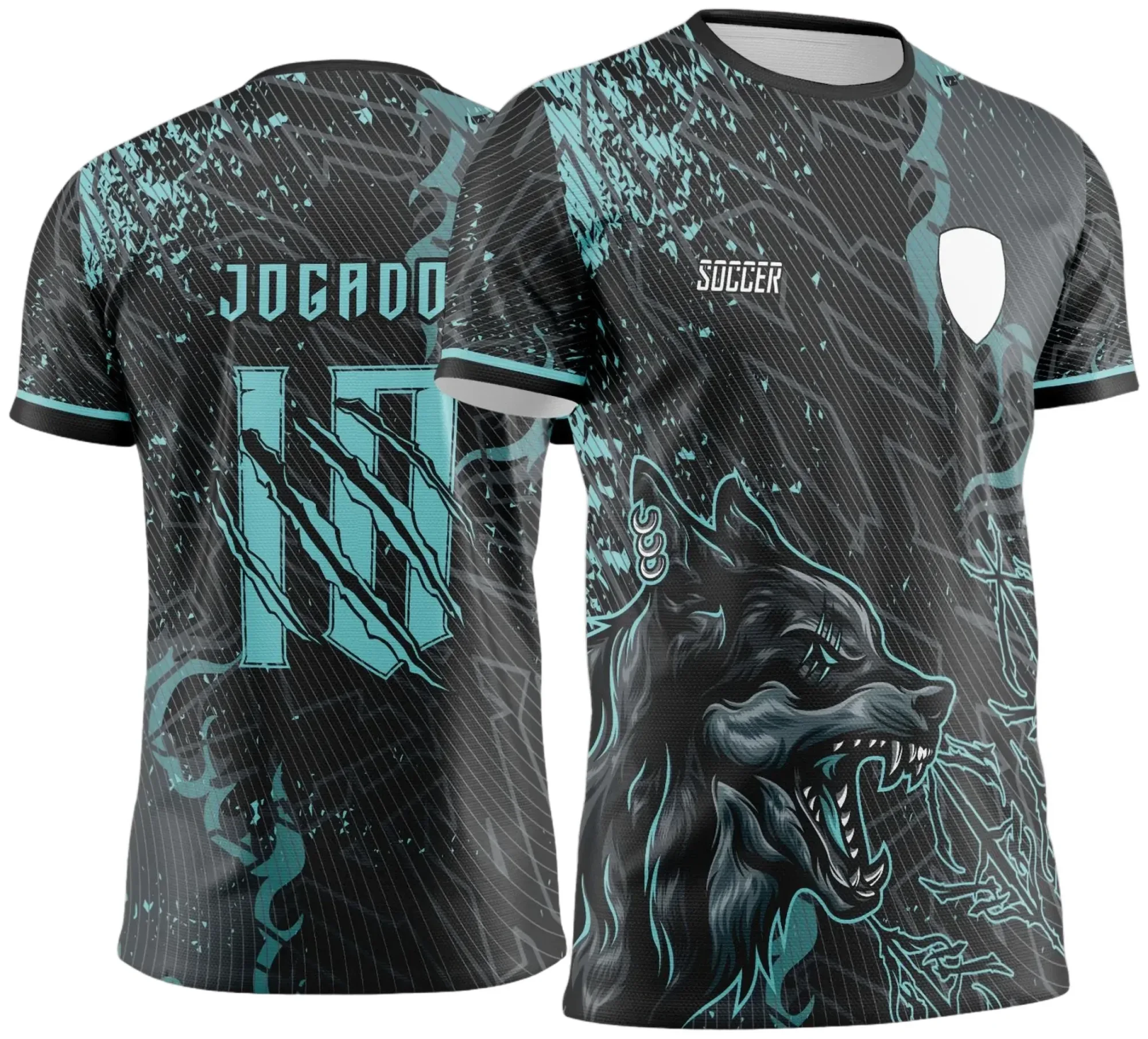 Camiseta unissex preta com logo no peito e estampa grande nas costas com tema Lobo Verde e Interclasse 2025, design moderno e vibrante para eventos escolares.