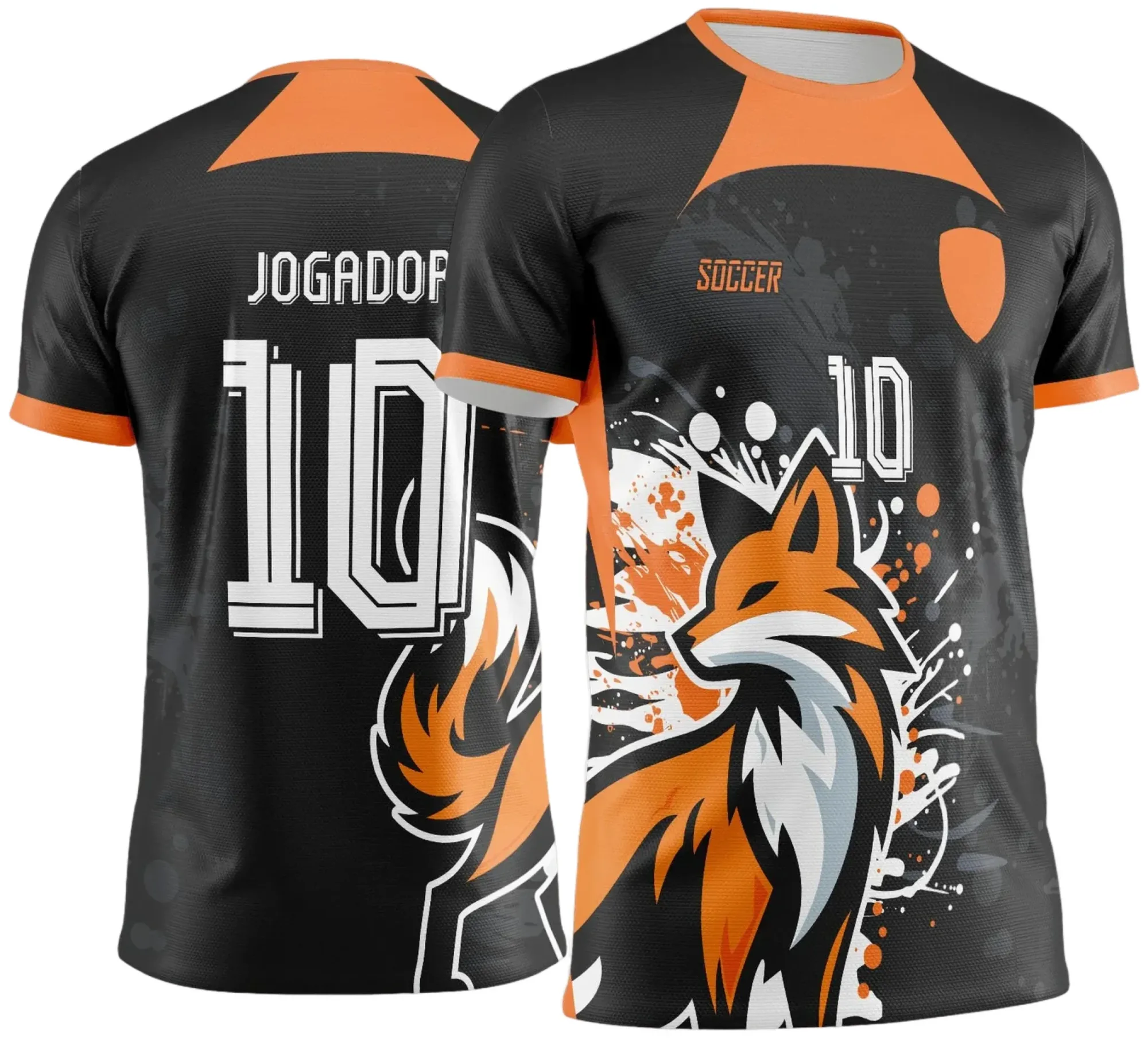 Camiseta unissex preta com logo no peito e estampa grande nas costas da interclasse Raposa 2025 modelo 2, destacando estilo esportivo e moderno para fã do tema Raposa.