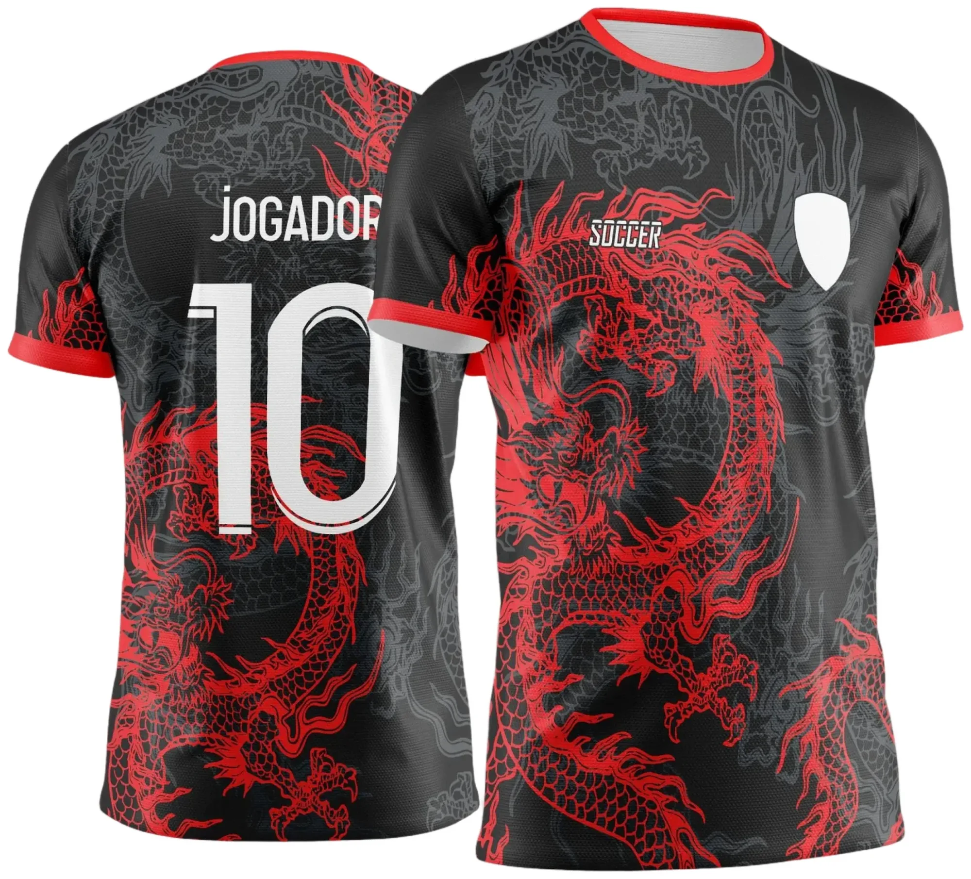Camiseta unissex preta com logo no peito e estampa grande nas costas do Dragão Vermelho, tema Interclasse 2025, perfeita para mostrar sua força e estilo nas competições.