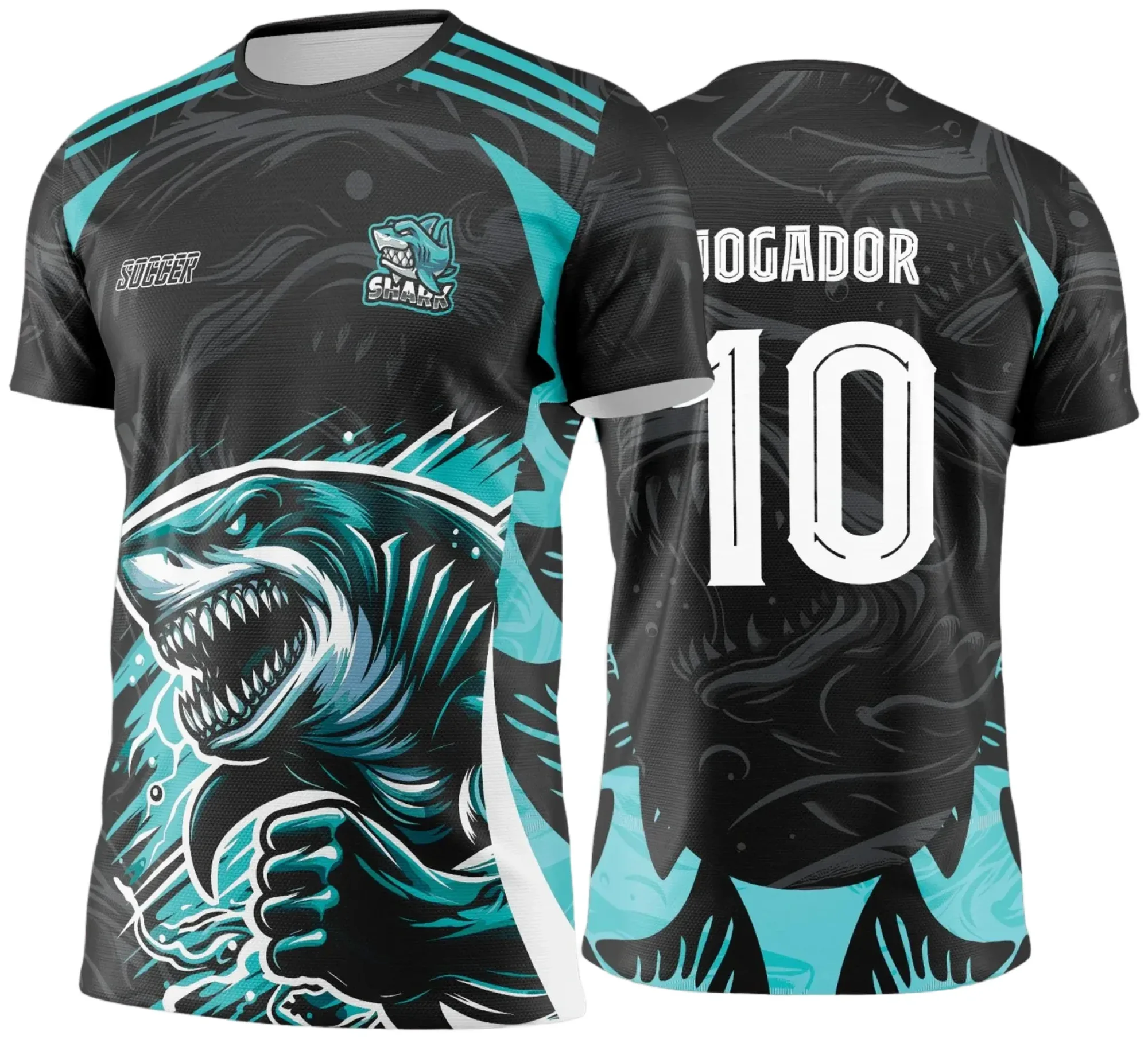 Camiseta unissex preta com logo no peito e estampa grande nas costas mostrando o tema Interclasse Tubarão 2025, ideal para uso casual e eventos esportivos.