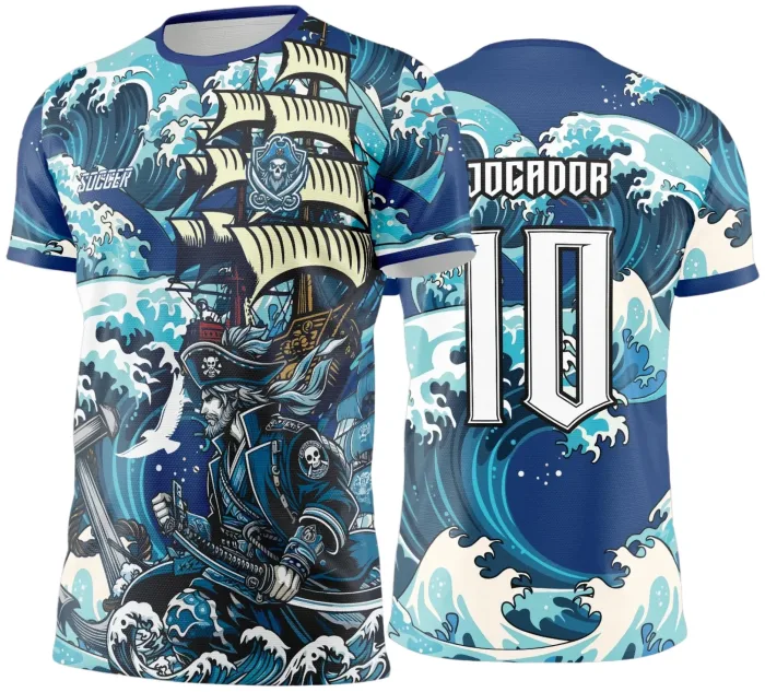 Camiseta unissex preta com logo no peito e estampa grande nas costas com tema Interclasse Pirata 2025, estilo moderno e provocativo, perfeita para eventos e confraternizações.