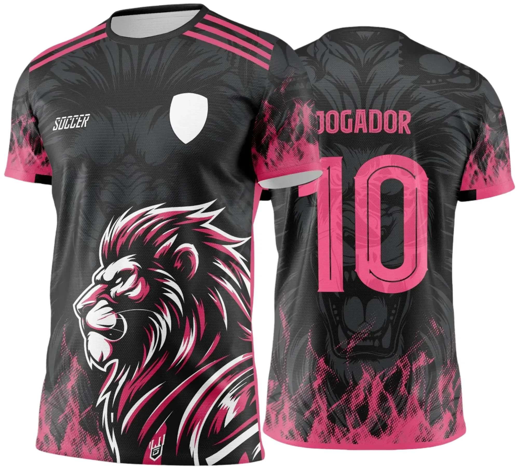 Camiseta unissex preta com logo no peito e estampa grande nas costas do Leão Rosa representando o Interclasse Jogos Internos 2024-2025, ideal para mostrar união e espírito competitivo