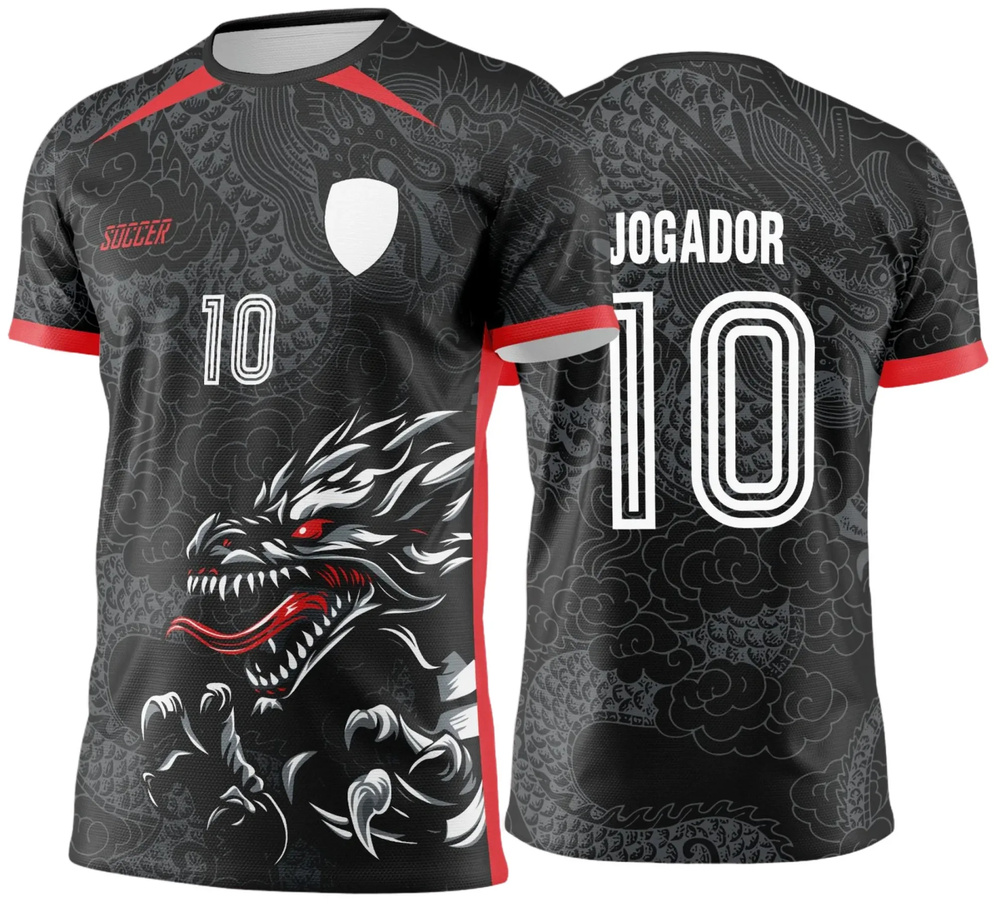 Camiseta unissex preta com logo no peito e estampa grande nas costas de Dragão, temática dos Jogos Internos Interclasse 2024 2025, ideal para eventos esportivos e confraternizações.