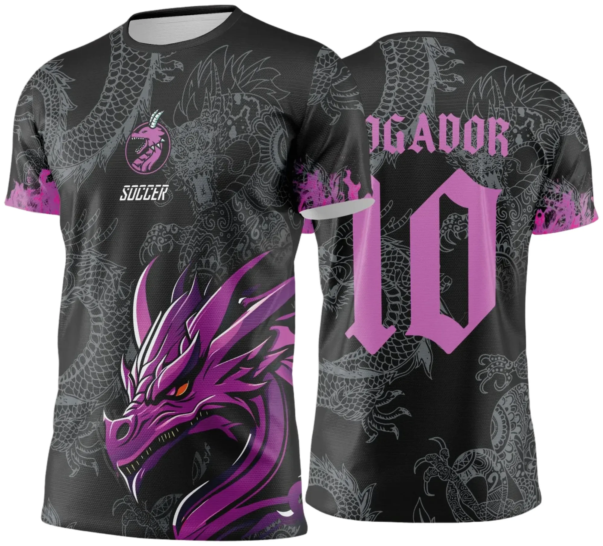 Camiseta unissex preta com logo no peito e estampa grande nas costas com tema Dragão dos Jogos Internos 2024 2025, perfeita para eventos esportivos e confraternizações.