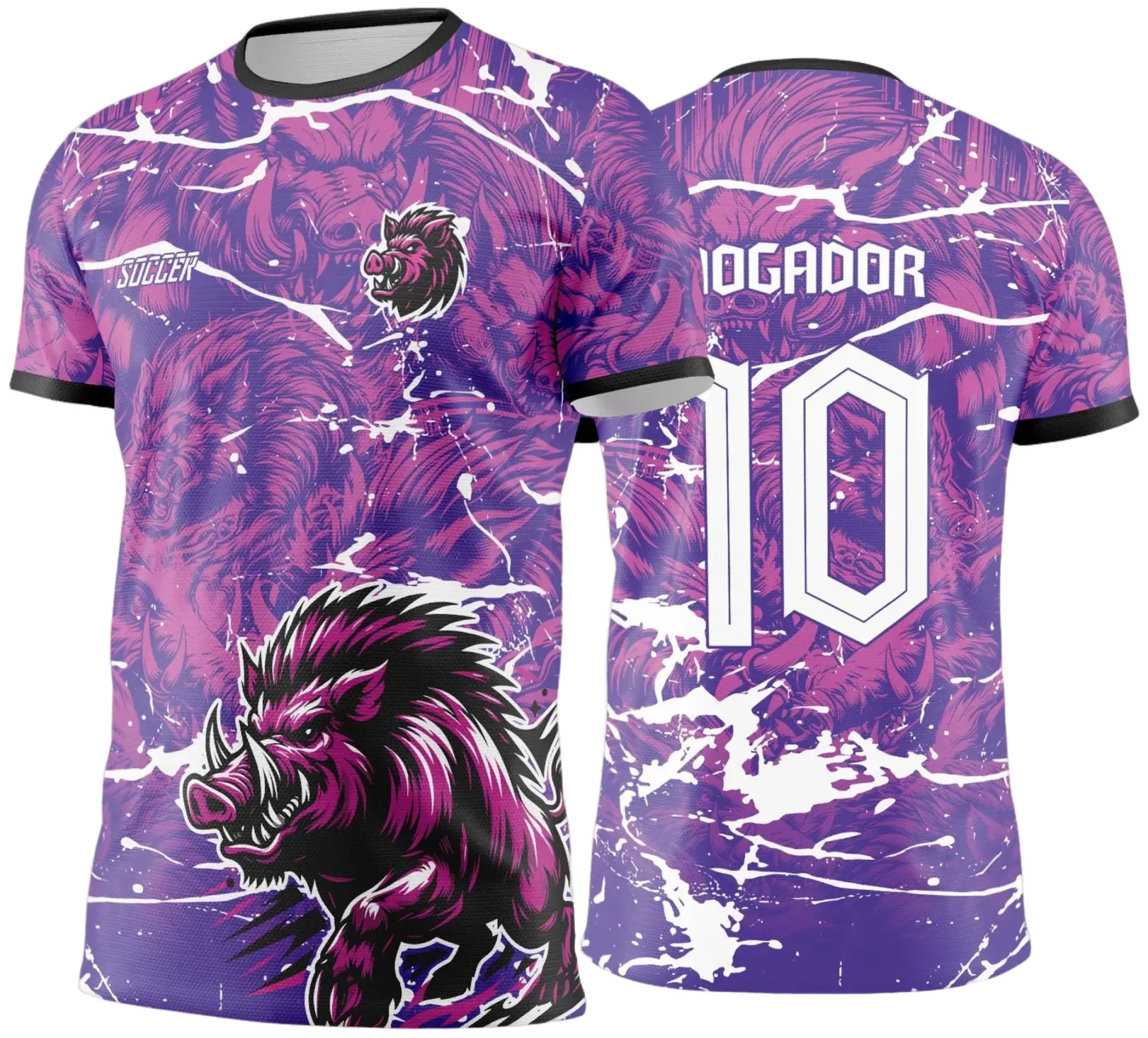 Camiseta unissex preta com logo no peito e estampa grande nas costas com tema Interclasse Javali Jogos Internos 2024-2025, ideal para eventos esportivos e confraternizações