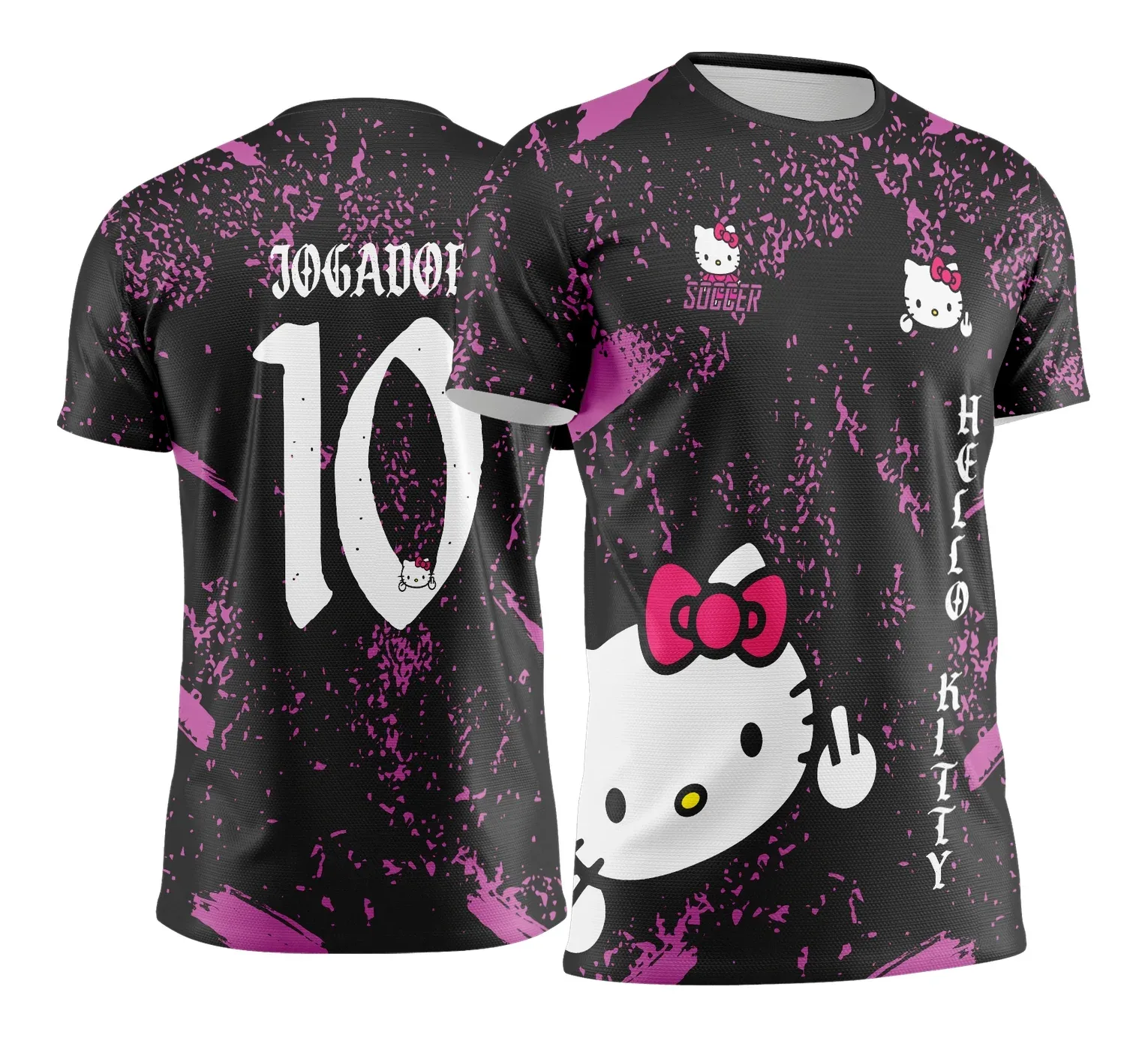 Camiseta unissex branca com logo no peito e estampa grande nas costas do tema Interclasse Hello Kitty para Jogos Internos 2024 2025, ideal para eventos escolares e competições esportivas.