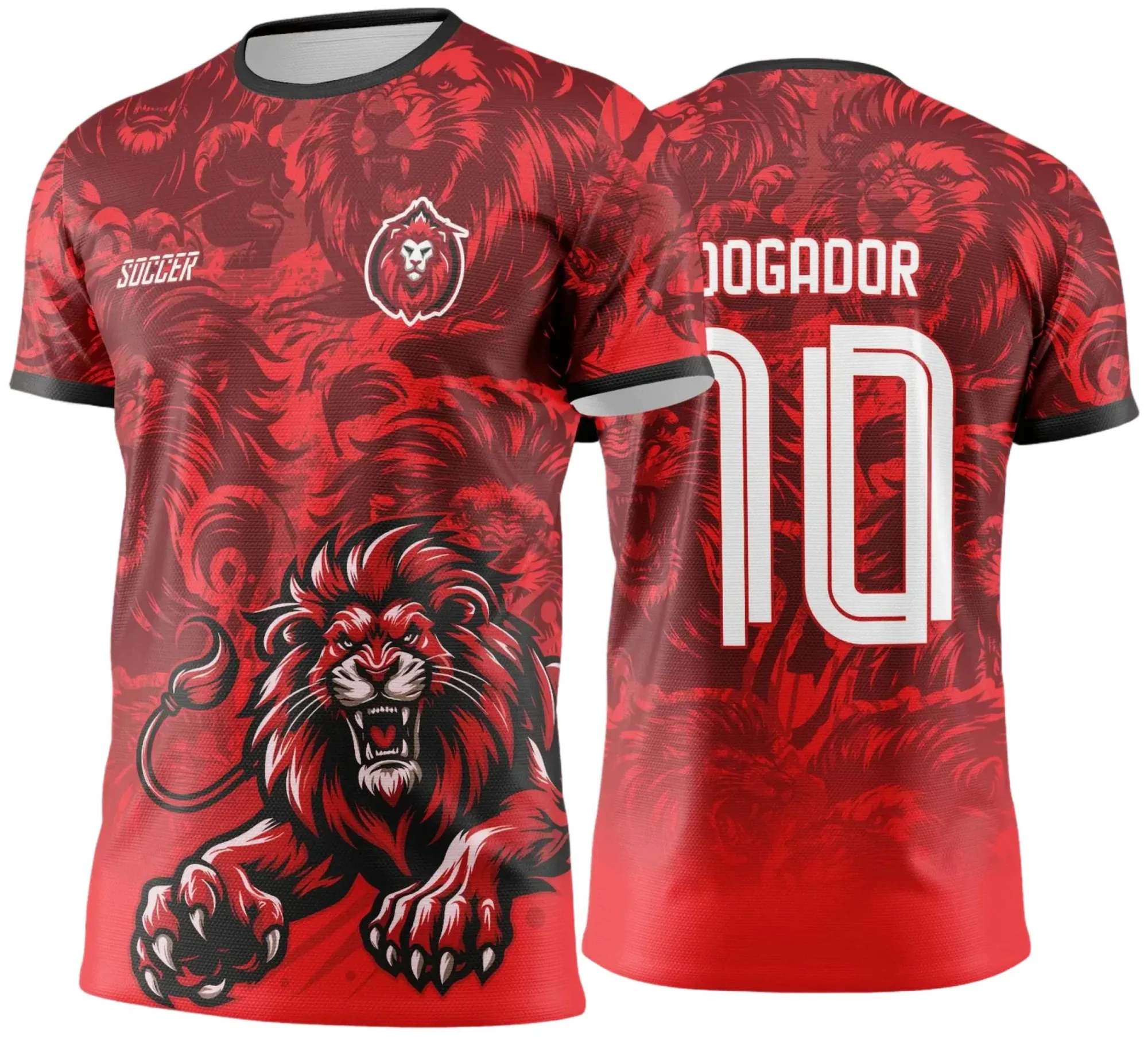 Camiseta unissex preta com logo no peito e estampa grande nas costas do Leão Vermelho do Interclasse Jogos Internos 2024 2025, ideal para eventos esportivos e sociais.