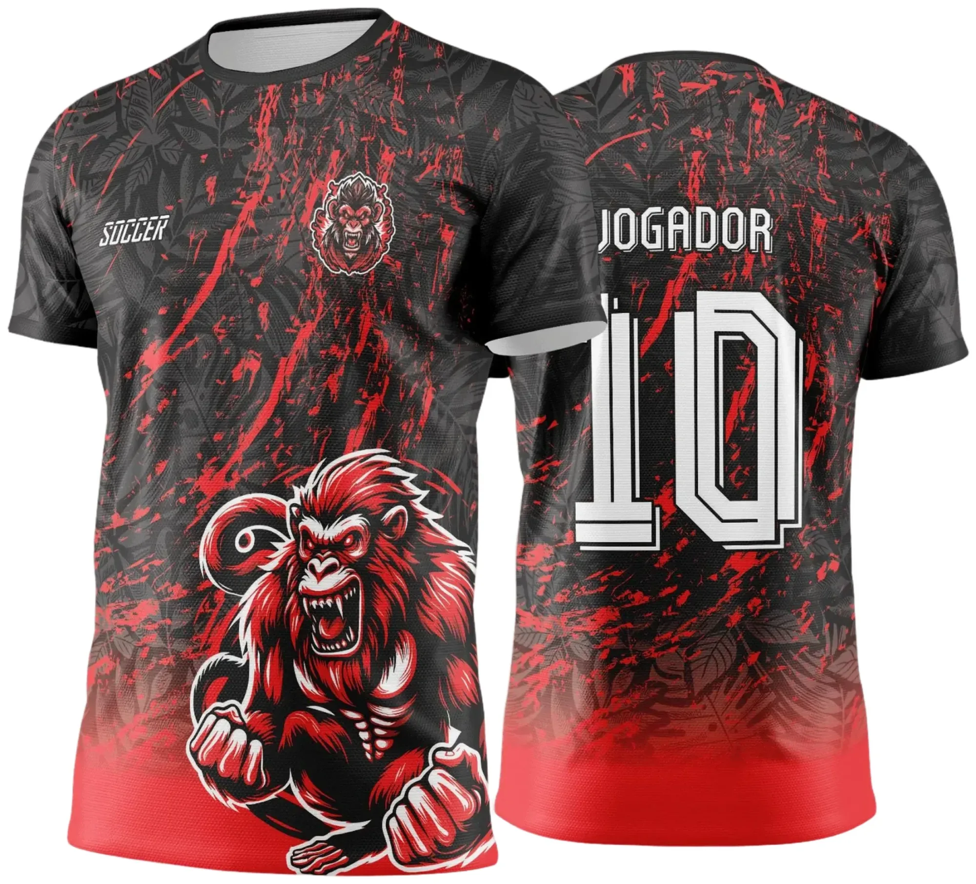 Camiseta unissex preta com logo no peito e estampa grande nas costas mostrando tema de Interclasse Macaco para Jogos Internos 2024 2025, design vibrante e moderno para eventos escolares.
