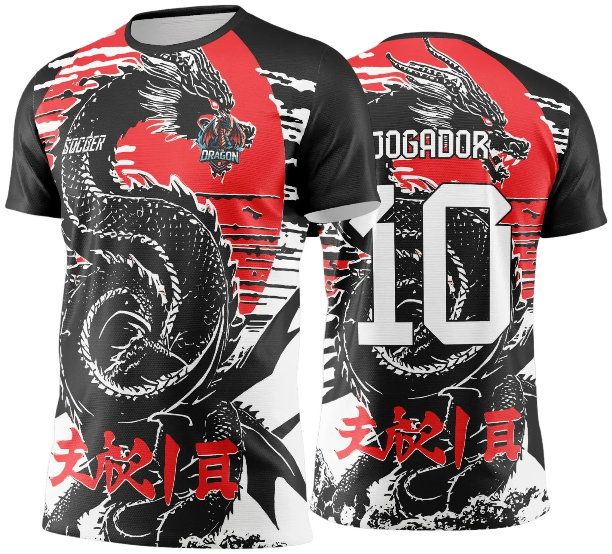 Camiseta unissex preta com logo no peito e estampa grande nas costas mostrando dragão em vermelho e preto, tema Jogos Internos 2024-2025, design impactante e estiloso.