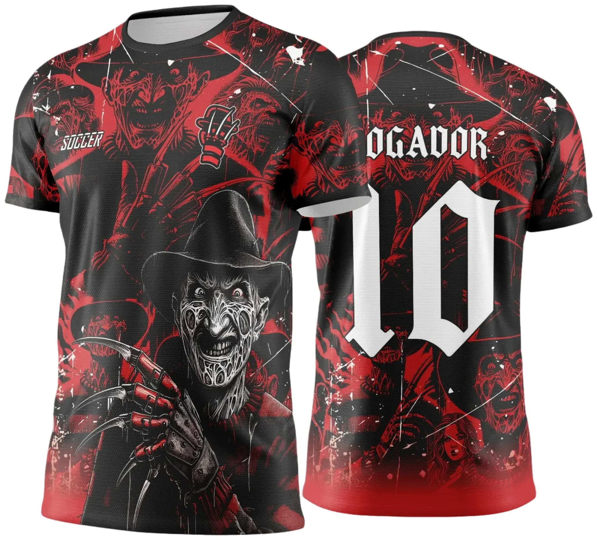 Camiseta unissex preta com logo no peito e estampa grande nas costas inspirada em Fredy Krueger para Jogos Internos 2024 2025, destacando estilo moderno e tema de horror.
