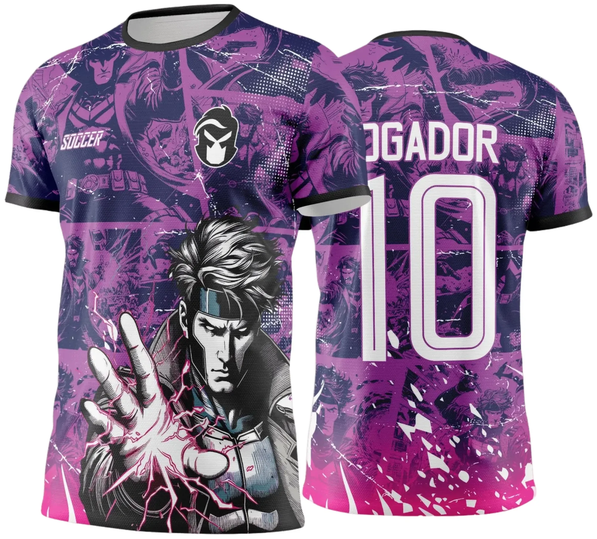 Camiseta unissex com logo no peito e estampa grande nas costas em tema Interclasse X-Men Jogos Internos 2024-2025, cor base preta, visual moderno e esportivo.