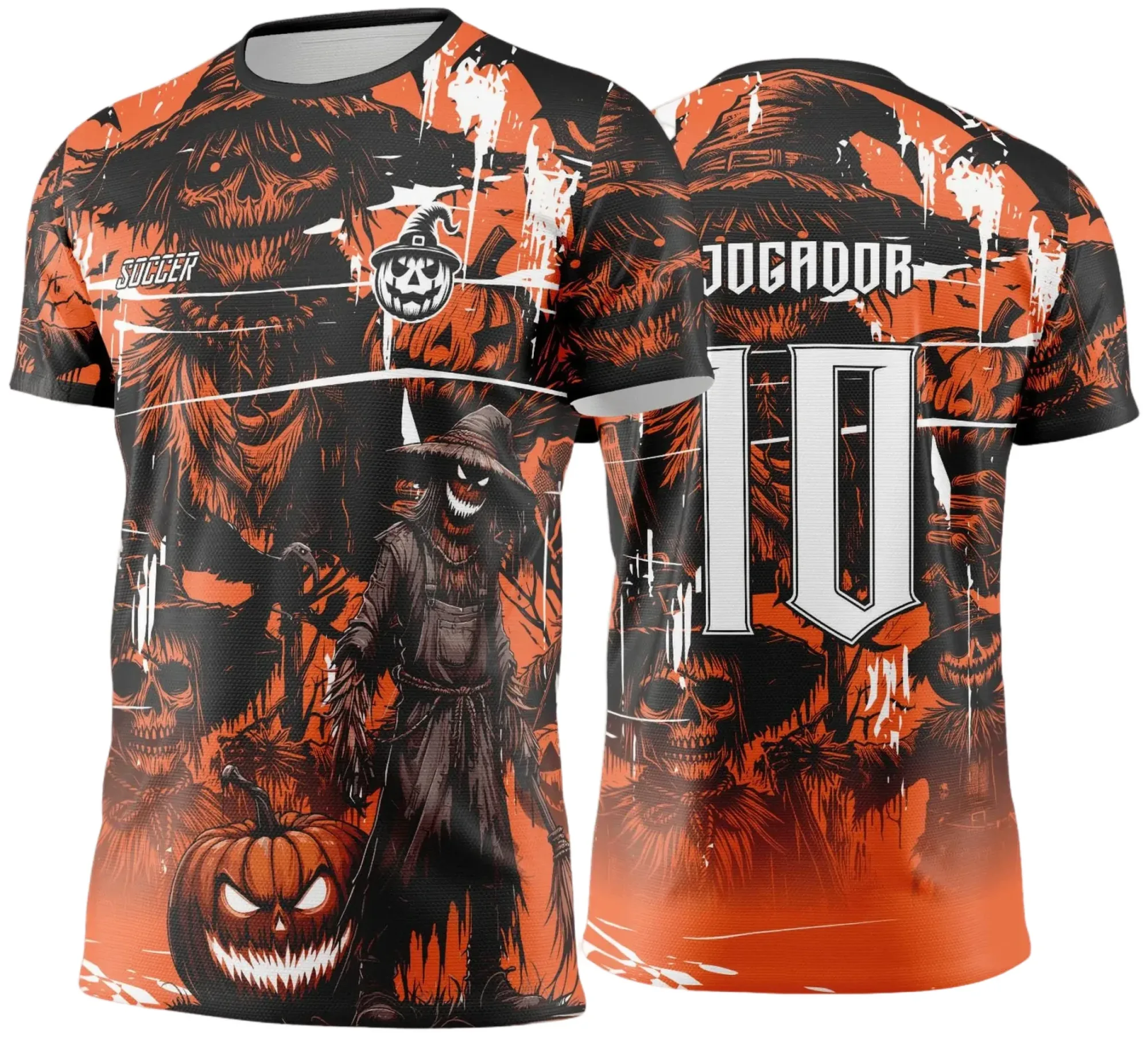 Camiseta unissex preta com logo no peito e estampa grande nas costas, temática Halloween para Interclasse e Jogos Internos 2024-2025, ideal para eventos estudantis com estilo marcante e assustador.