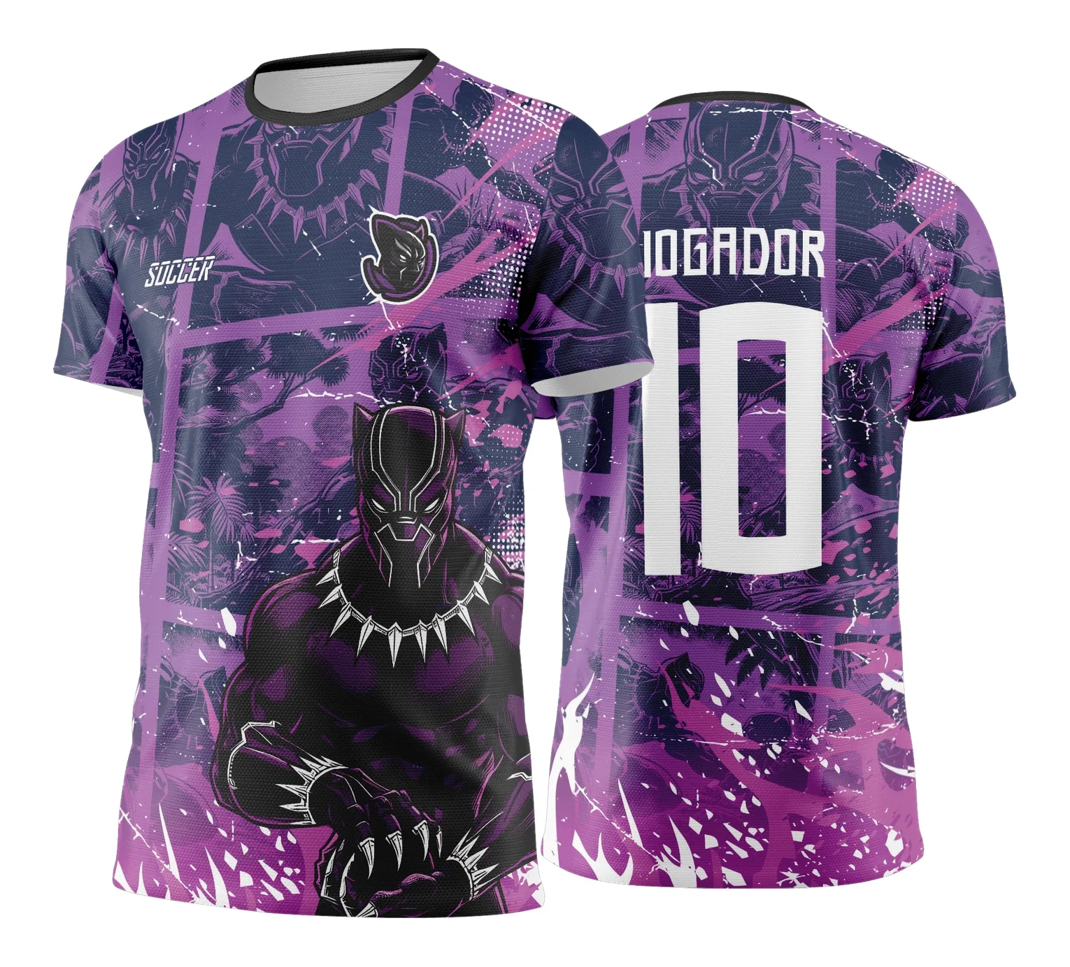 Camiseta unissex preta com logo no peito e estampa grande nas costas do tema Pantera Negra em estilo grunge roxo para Jogos Internos 2024 2025, ideal para eventos interclasse.