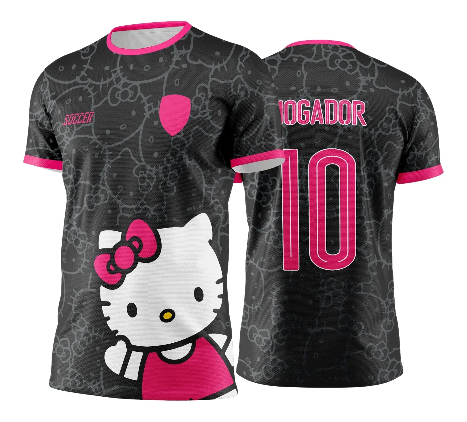 Camiseta unissex preta com logo no peito e estampa grande nas costas do Interclasse Hello Kitty, perfeita para os Jogos Internos 2024-2025, combinando conforto e estilo.