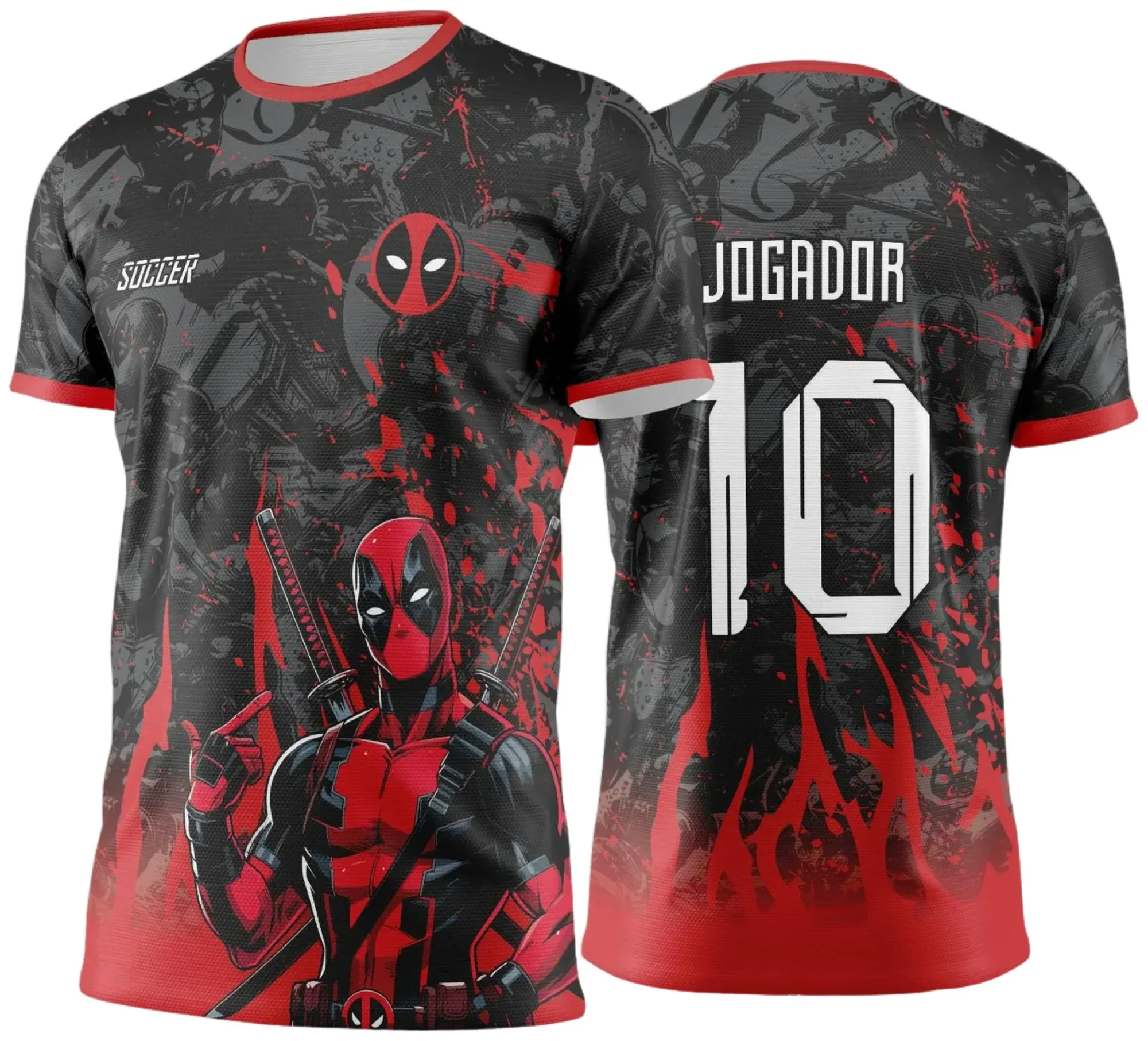 Camiseta unissex preta com logo no peito e estampa grande nas costas com tema Deadpool vermelha e preta para Jogos Internos 2024-2025, estilo moderno e vibrante.