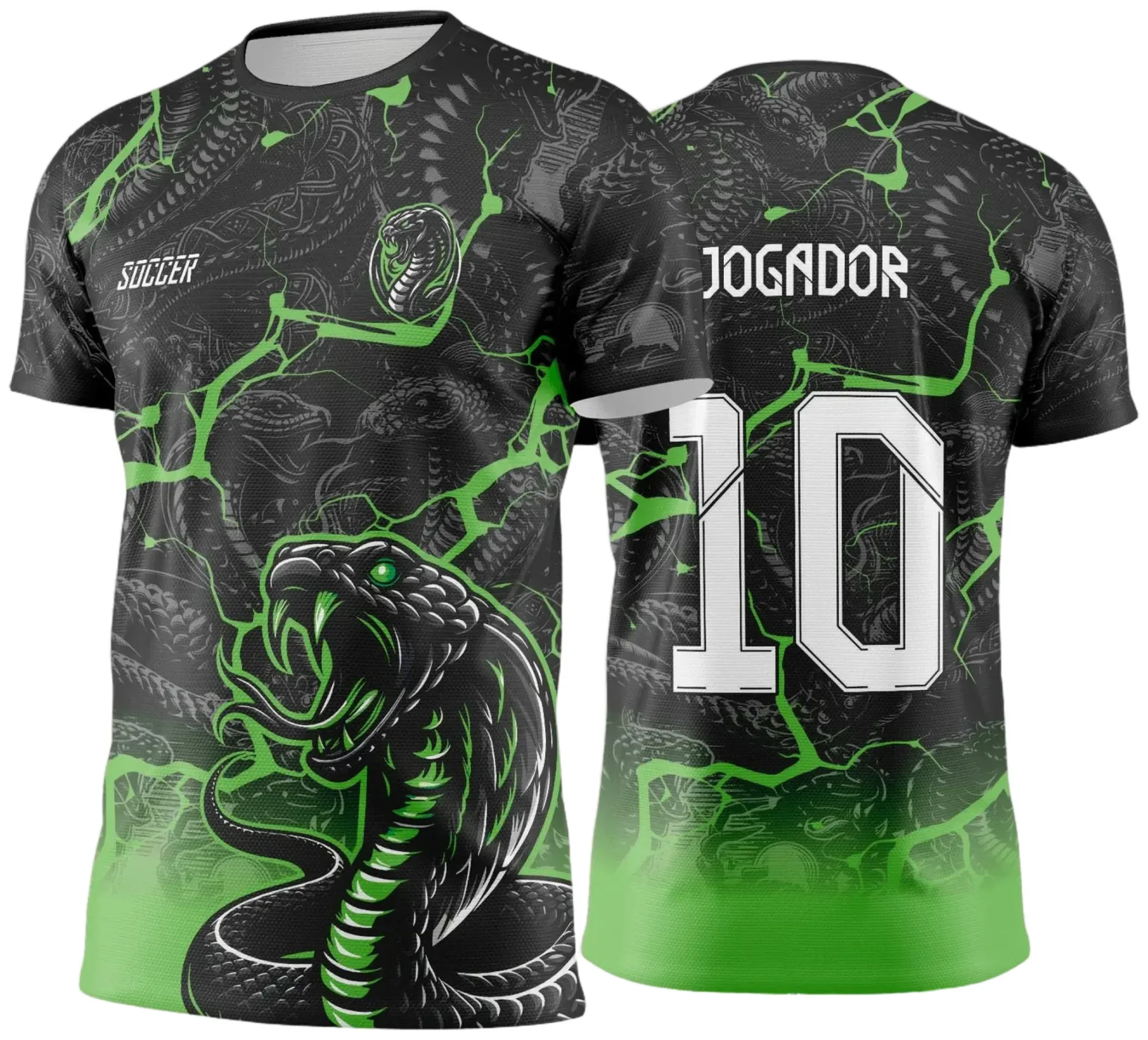 Camiseta unissex preta com logo no peito e estampa grande nas costas com tema Interclasse COBRA em verde para Jogos Internos 2024 e 2025, ideal para eventos esportivos e uniformes.