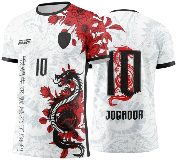 Arte Vetor Camisa Interclasse Dragão Branca com Flores Vermelhas - Jogos Internos 2024 - 2025