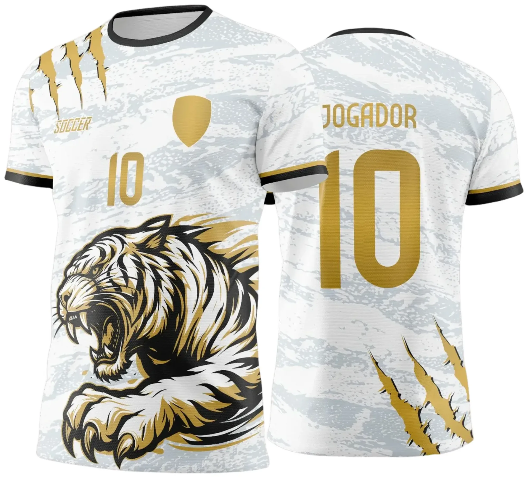 Camiseta unissex branca com logo no peito e estampa grande nas costas em amarelo e branco, tema Tigre dos Jogos Internos 2024 2025, destacando esportividade e união entre classes.