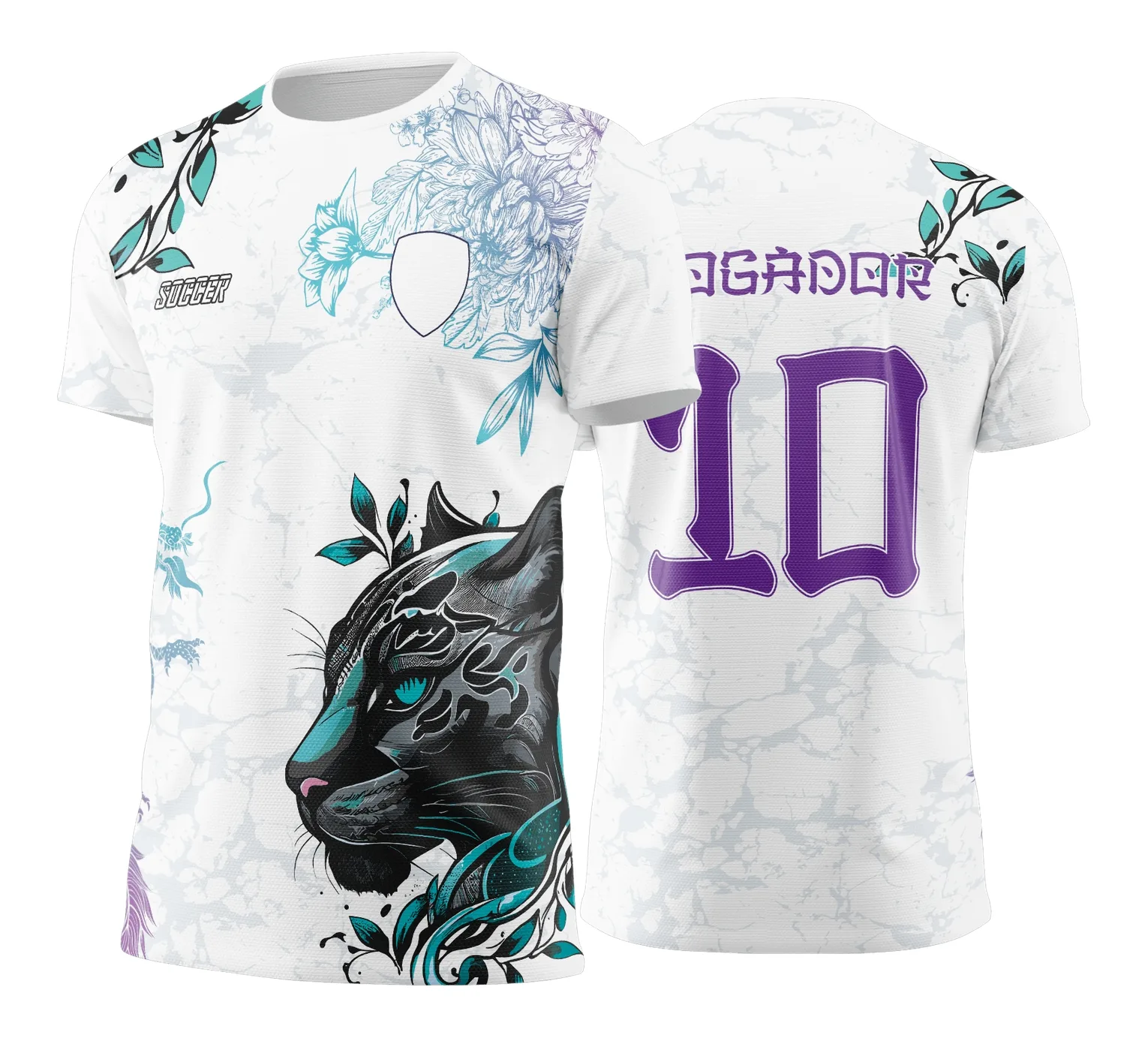 Camiseta unissex branca com logo no peito e estampa grande nas costas, inspirada na Pantera Negra com detalhes florais, ideal para os Jogos Internos 2024-2025.