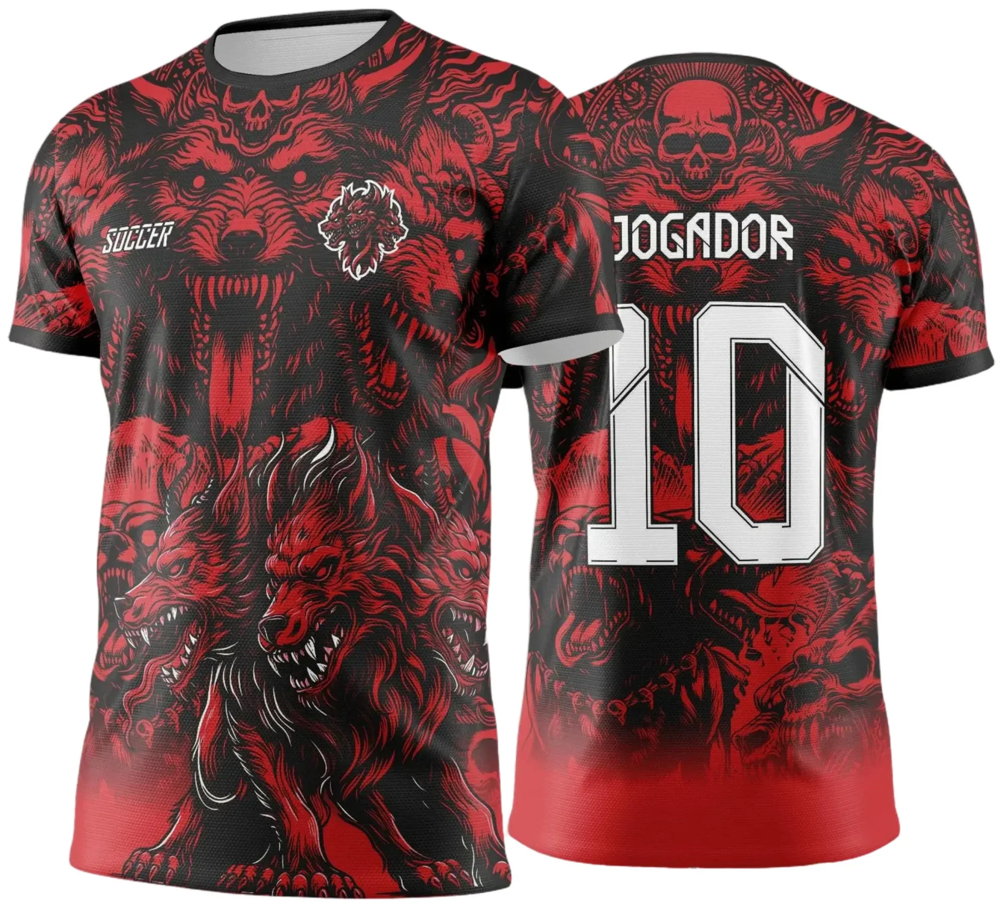 Camiseta unissex preta com logo no peito e estampa grande nas costas do tema Interclasse Cerberus Preto com Vermelho para Jogos Internos 2024-2025, ideal para eventos e competições escolares.