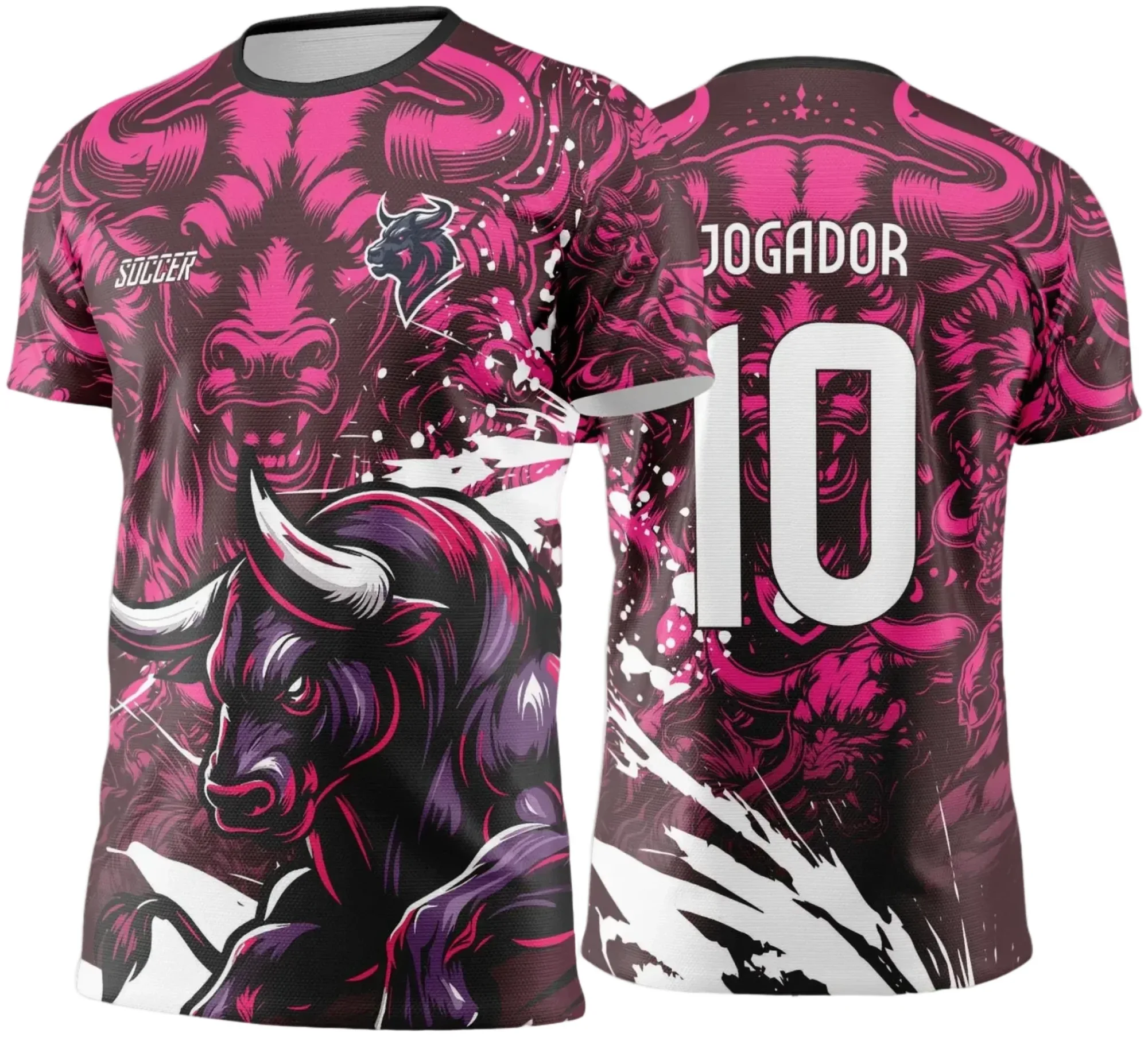 Camiseta unissex branca com logo no peito e estampa grande nas costas do Touro Rosa, inspirada nos Jogos Internos 2024-2025, ideal para eventos escolares e esporte.
