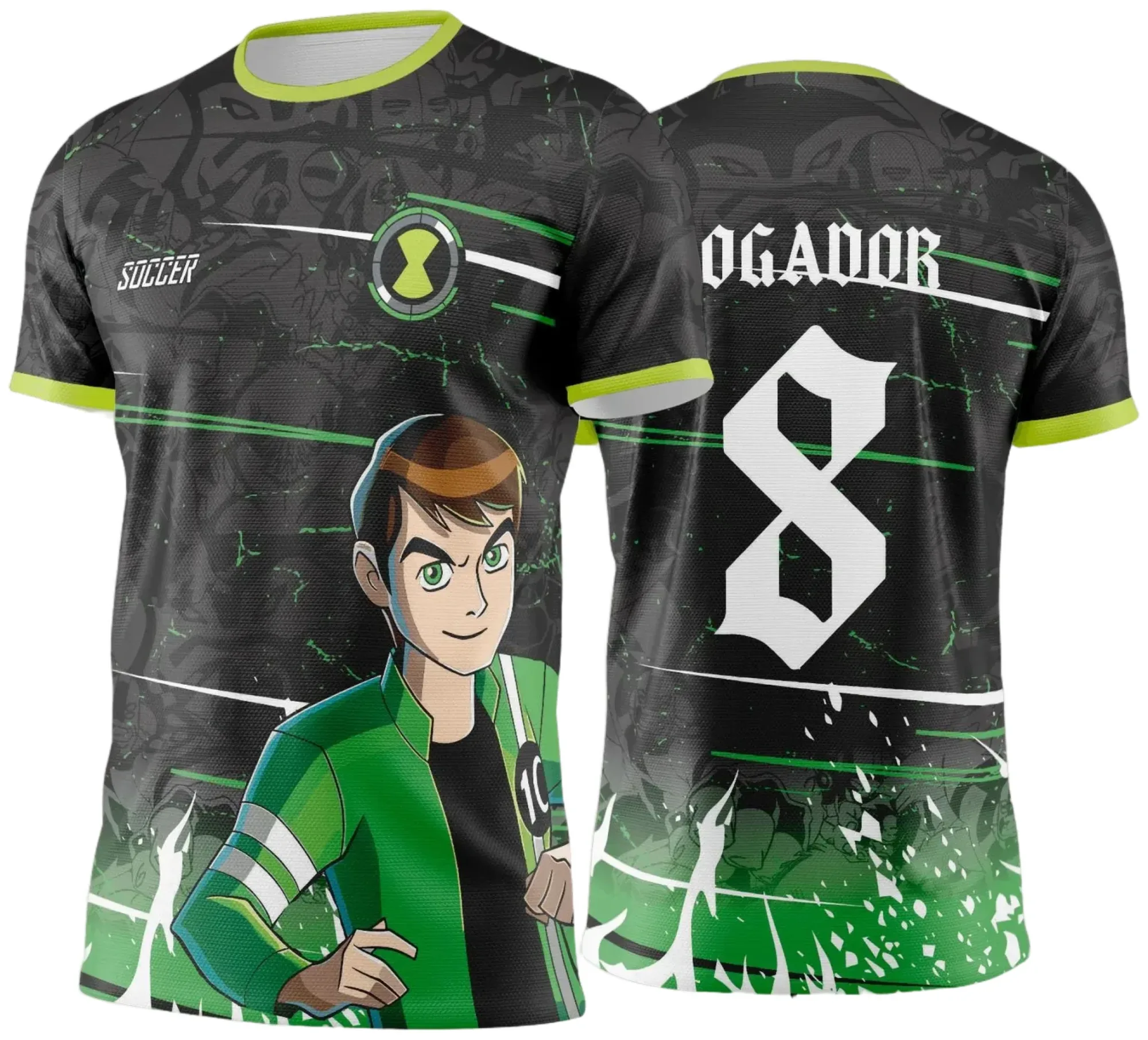 Camiseta unissex preta com logo no peito e estampa grande nas costas, temática Interclasse Ben 10 para Jogos Internos 2024 e 2025, ideal para eventos escolares e esportivos.