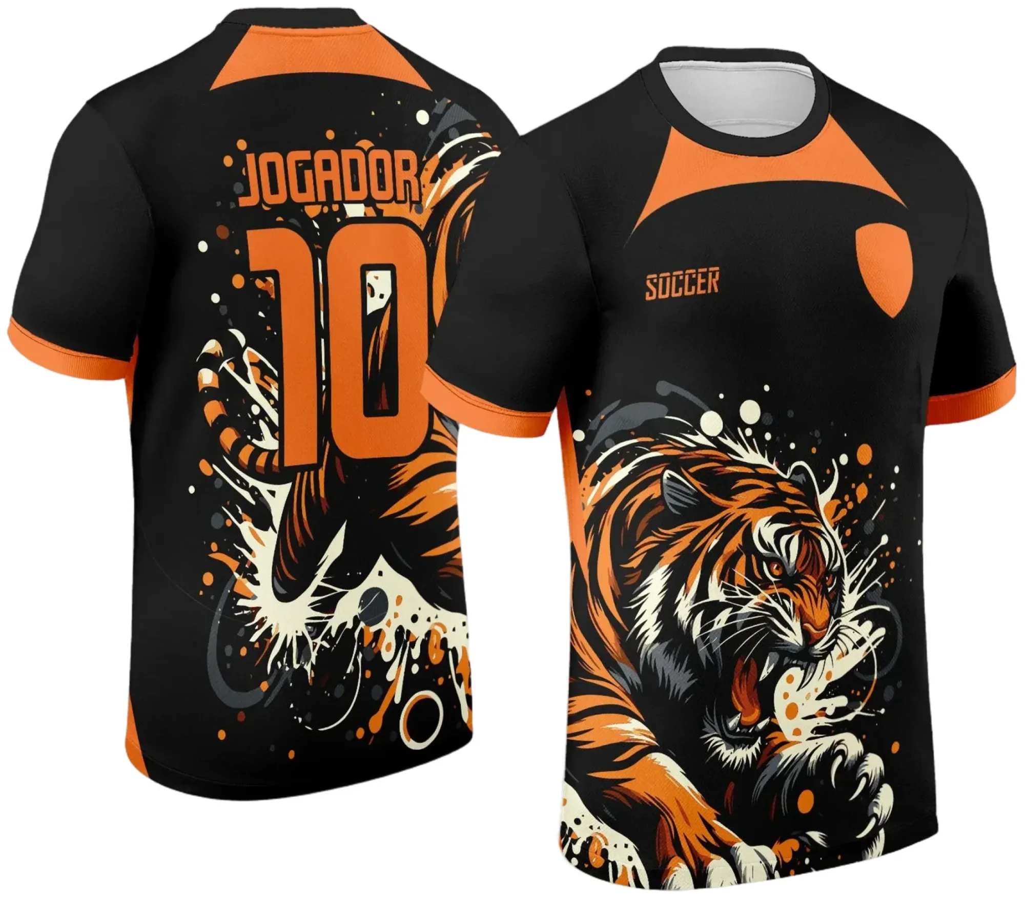 Camiseta unissex preta com logo no peito e estampa grande nas costas retratando Tigre Laranja do Interclasse 2024-2025, ideal para torcedores e participantes desse evento esportivo.