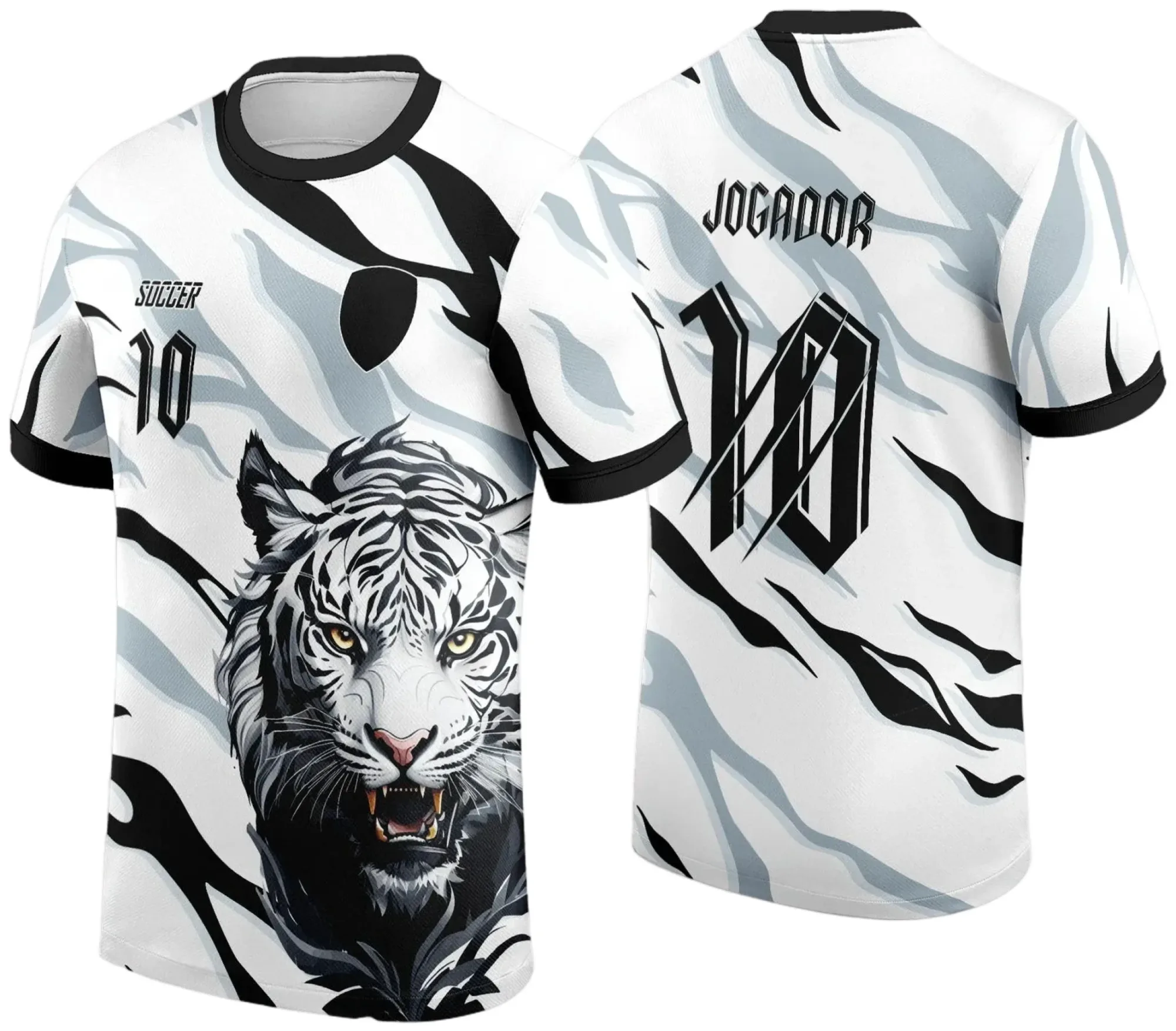 Camiseta unissex branca com logo no peito e estampa grande nas costas representando Tigre Branco para Interclasse 2024-2025, ideal para eventos escolares e confraternizações.