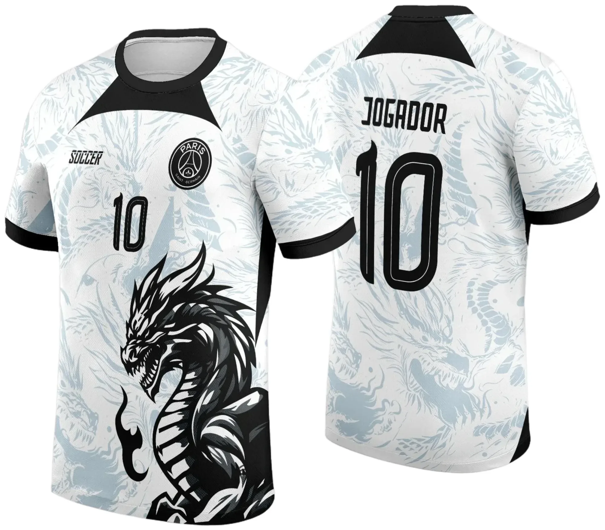 Camiseta unissex preta com logo no peito e estampa grande nas costas, tema Interclasse Dragão Branco e Preto 2024-2025, visual moderno e imponente, perfeita para eventos ou uso casual.