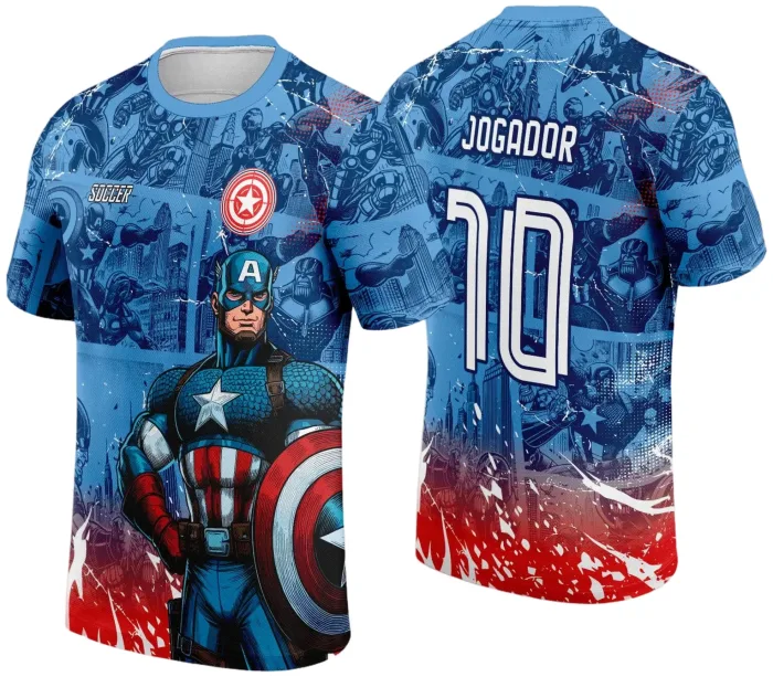 Camiseta unissex preta com logo no peito e estampa grande nas costas do Interclasse Capitão America 2024 2025, destacando a temática de herói nas cores vibrantes e design impactante.