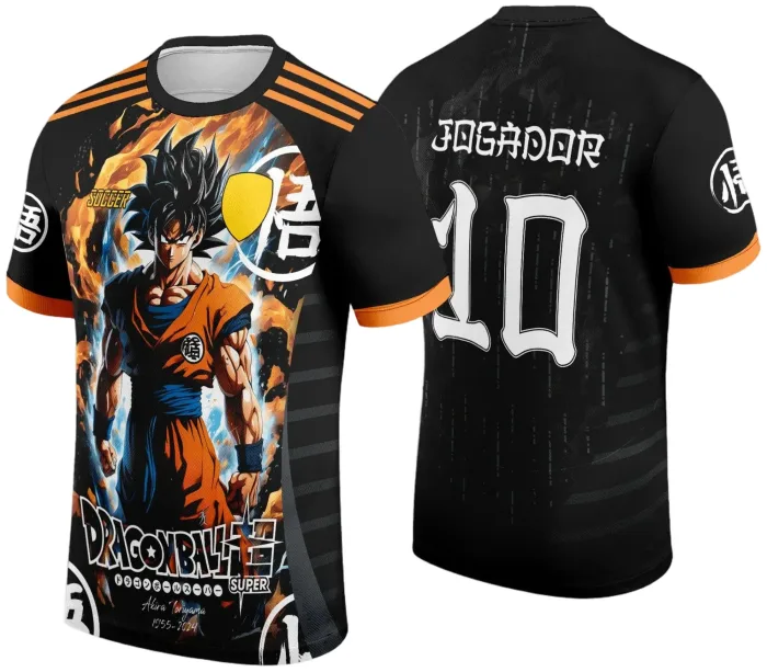 Camiseta unissex preta com logo no peito e estampa grande nas costas inspirada na Interclasse Dragon Ball 2024-2025, perfeita para fãs da série e eventos temáticos.