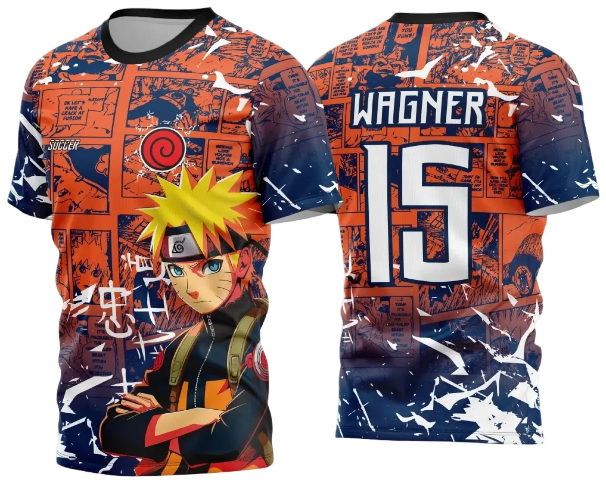 Camiseta unissex preta com logo no peito e estampa grande nas costas, tema Interclasse Naruto 2024 - 2025, ideal para fãs, visual moderno e vibrante.