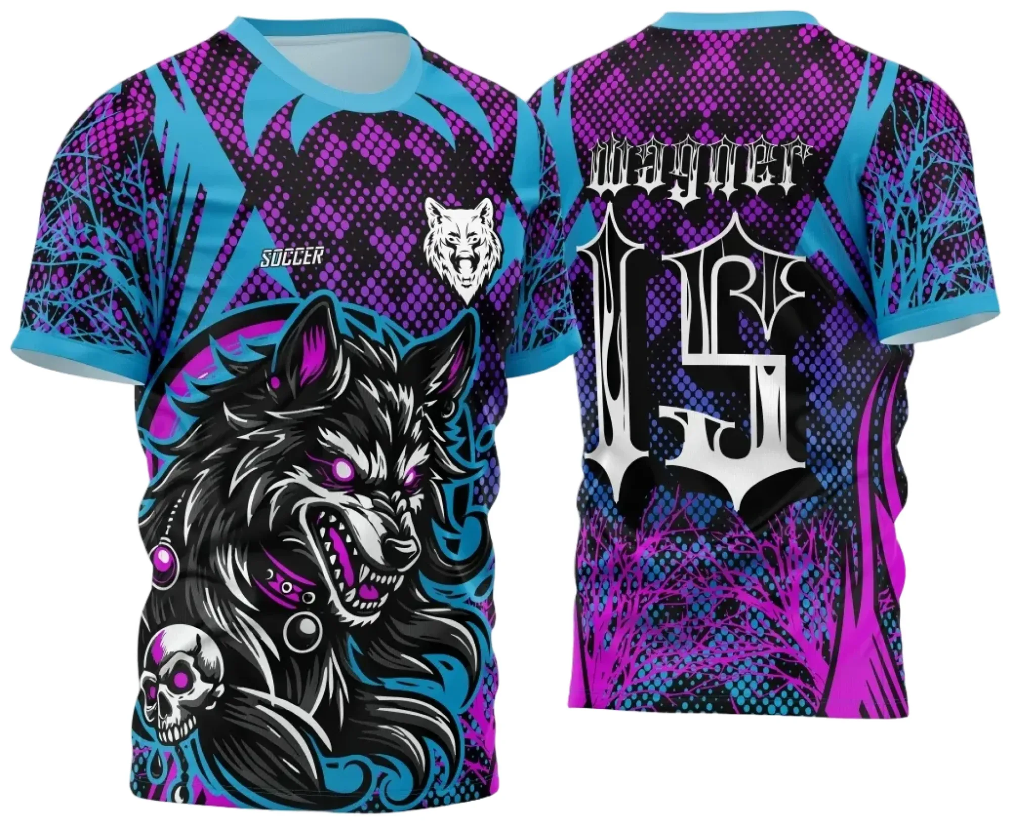 Camiseta unissex preta com logo no peito e estampa grande nas costas apresentando o tema Interclasse Lobo Degrade 2024-2025, ideal para eventos escolares e coleções personalizadas.