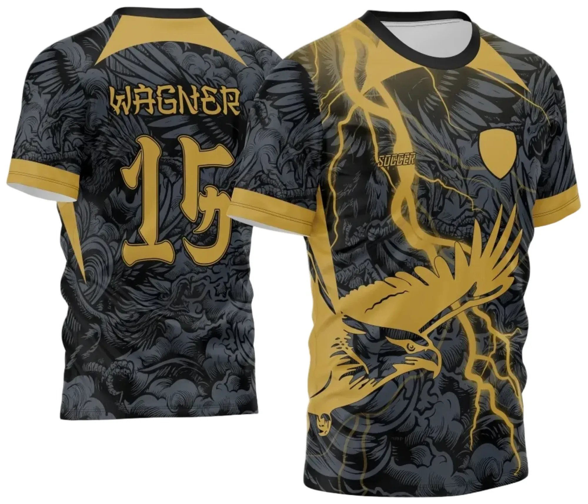 Camiseta unissex preta com logo no peito e estampa grande nas costas da Águia Dourada 2024 - 2025, perfeita para eventos de interclasse com design marcante e moderno.